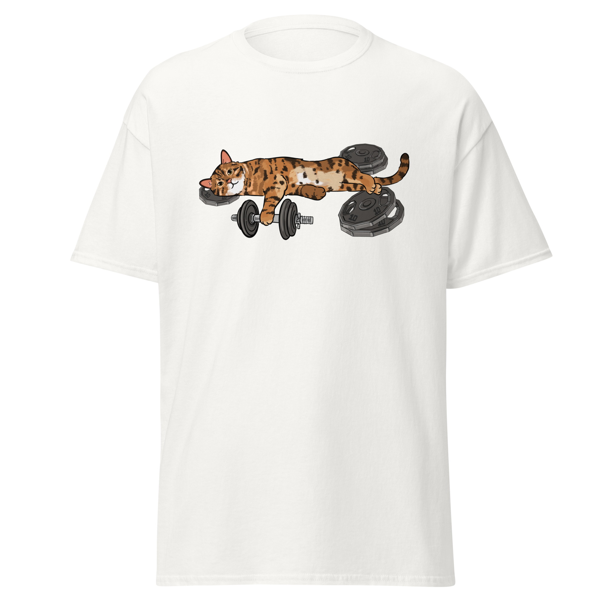 White athletic cat graphic printed tee with cute lifting cat