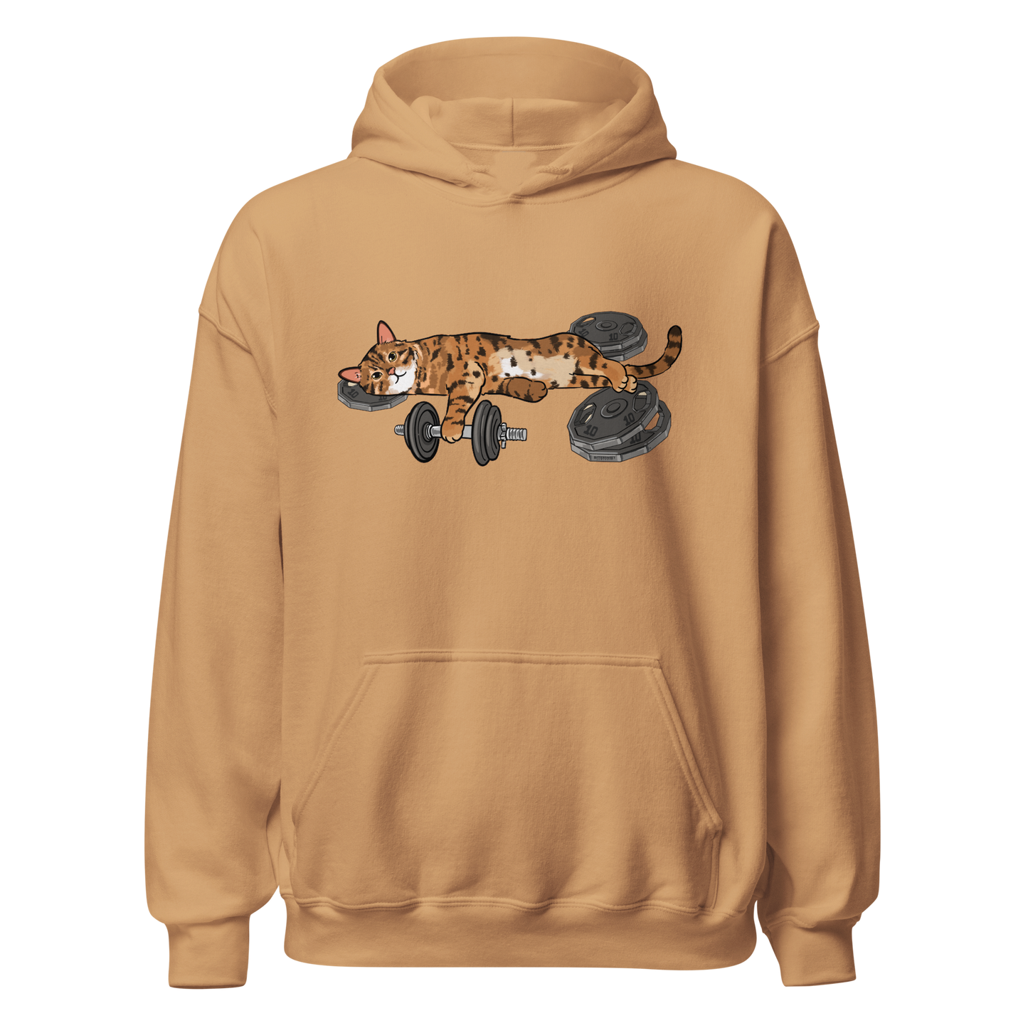 Beige Gym Hoodie featuring adorable cat pumping iron graphic