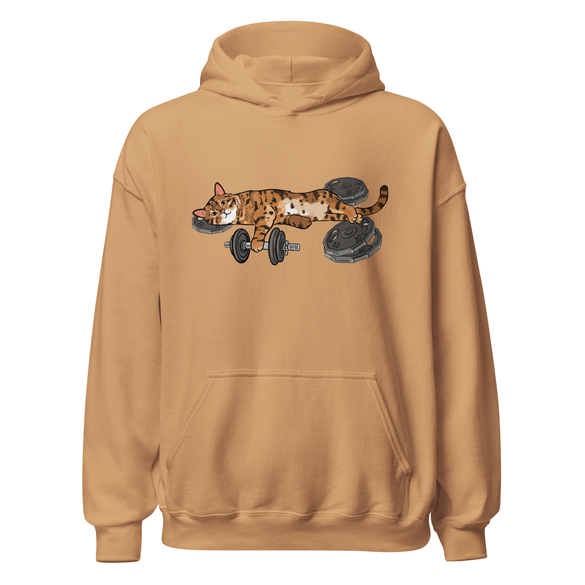 Beige Gym Hoodie featuring adorable cat pumping iron graphic