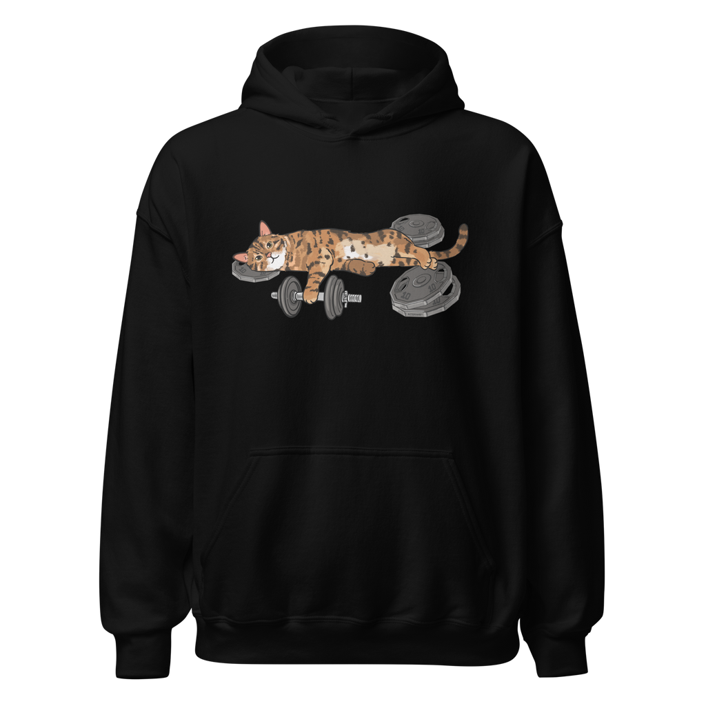 Black Gym Cat Graphic Hoodie with strong lifting cat artwork