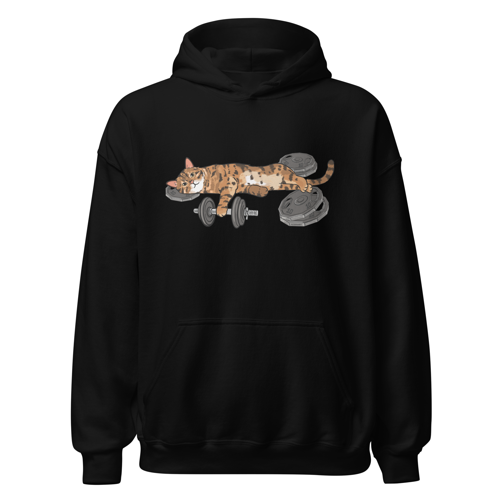 Black Gym Cat Graphic Hoodie with strong lifting cat artwork