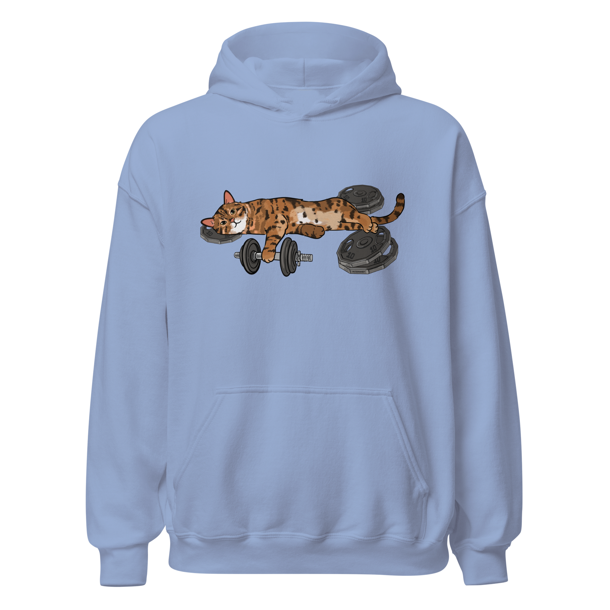 Dusty blue Gym Cat hoodie with workout cat illustration front view