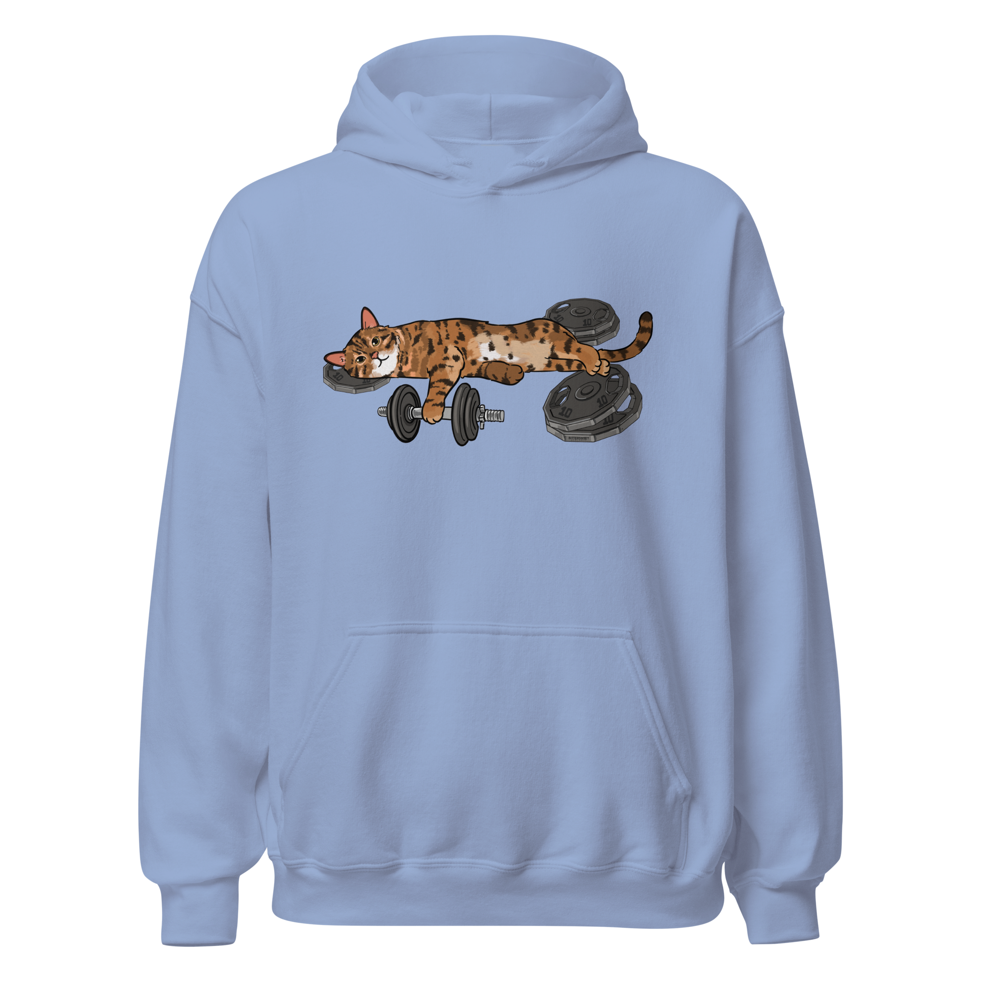 Dusty blue Gym Cat hoodie with workout cat illustration front view