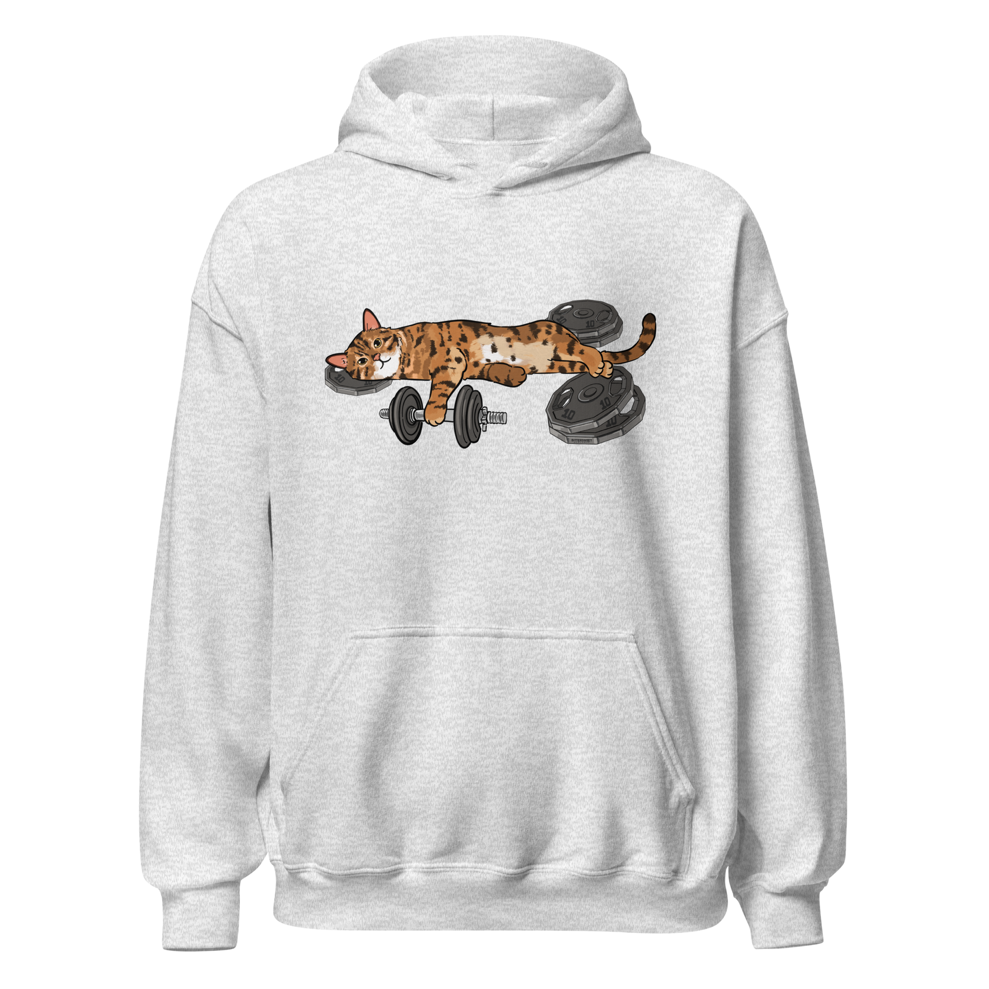 Gym Cat Hoodie in Ash Gray front view with cute cat lifting weights graphic