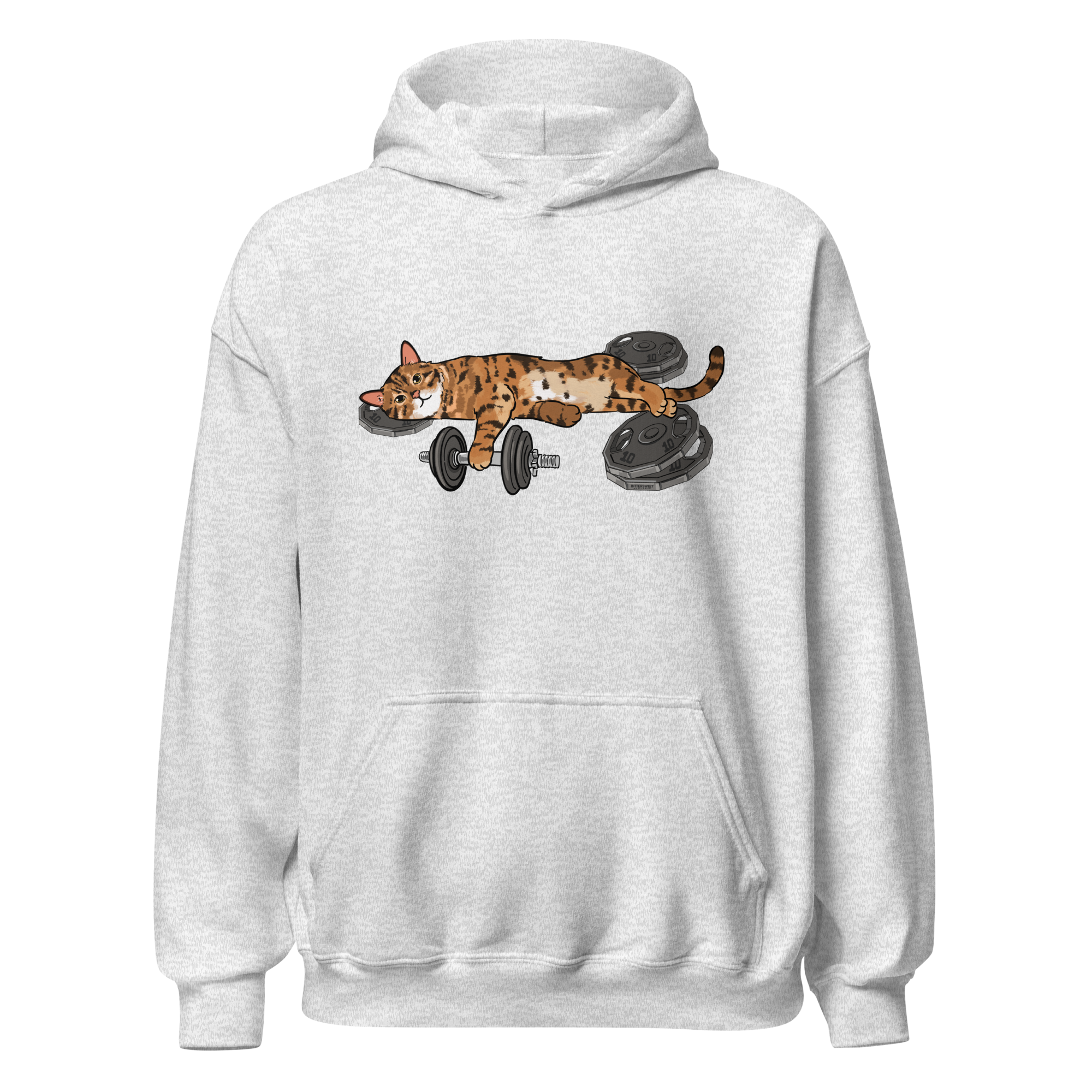 Gym Cat Hoodie in Ash Gray front view with cute cat lifting weights graphic