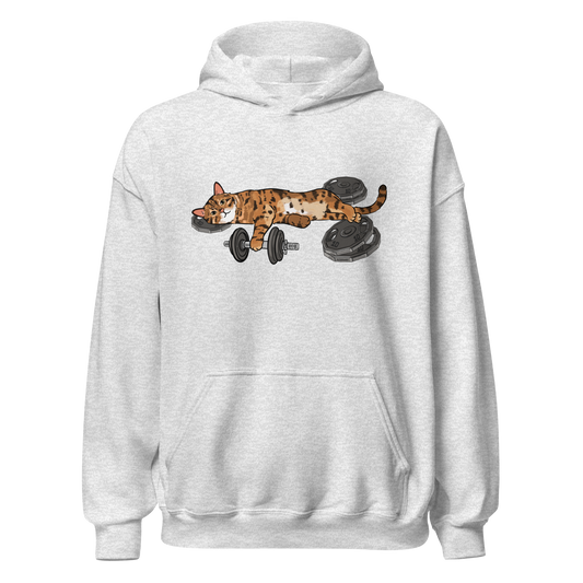 Gym Cat Hoodie in Ash Gray front view with cute cat lifting weights graphic