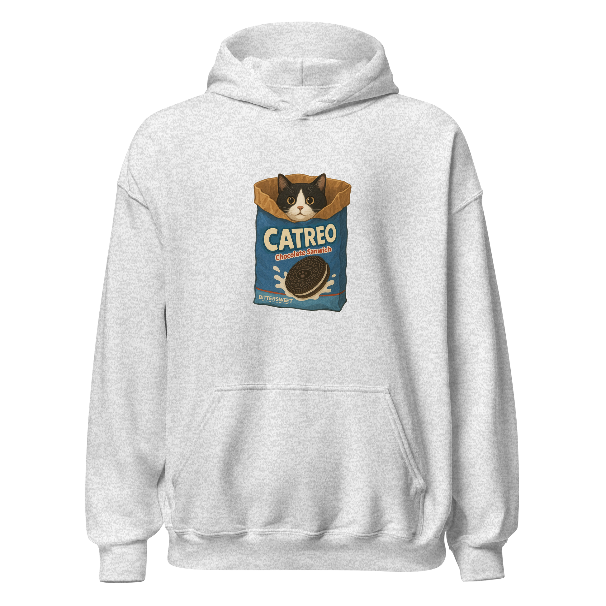 Grey Oreo cat graphic hoodie by Bittersweet Illustration – unisex heavy cotton hoodie with cute cookie cat print.