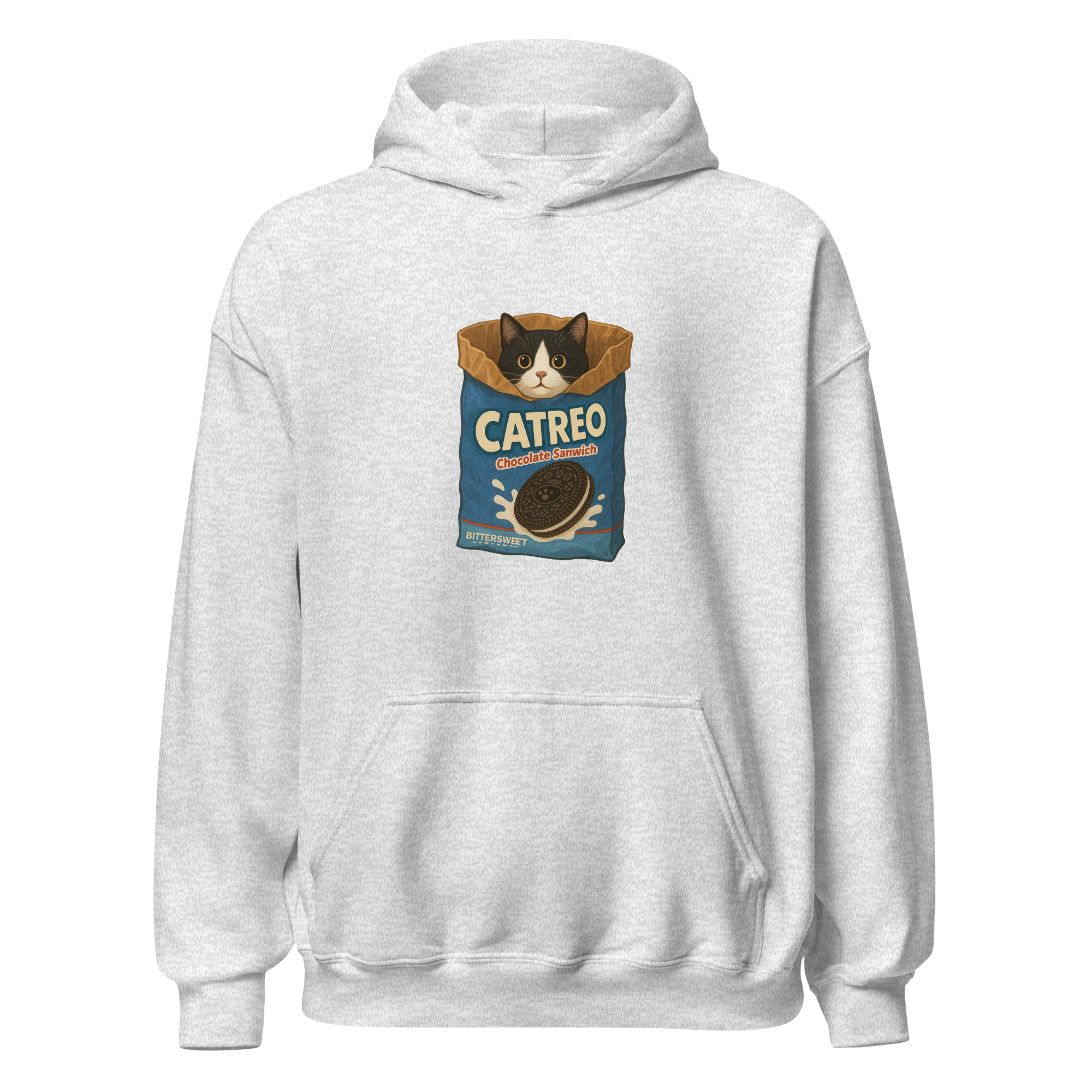 Grey Oreo cat graphic hoodie by Bittersweet Illustration – unisex heavy cotton hoodie with cute cookie cat print.
