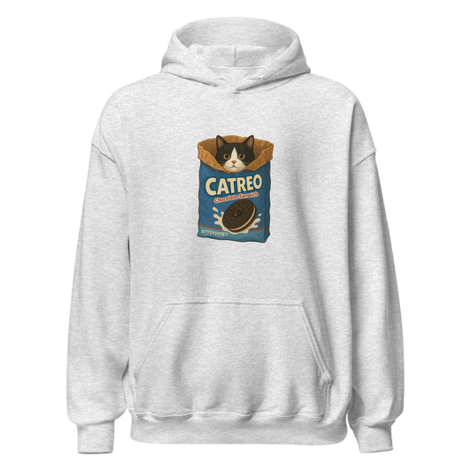 Grey Oreo cat graphic hoodie by Bittersweet Illustration – unisex heavy cotton hoodie with cute cookie cat print.