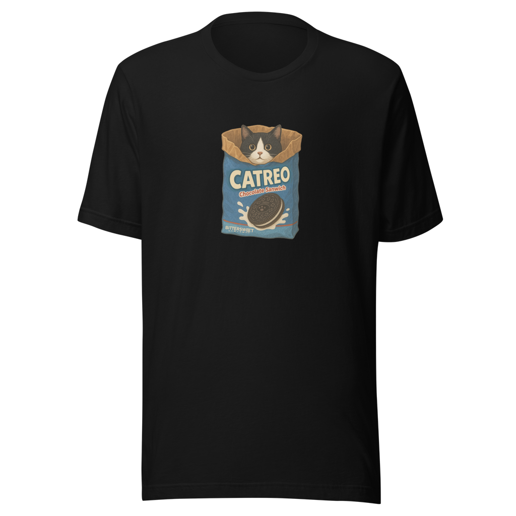 Black Oreo cat graphic t-shirt – funny cute cat printed tee by Bittersweet Illustration