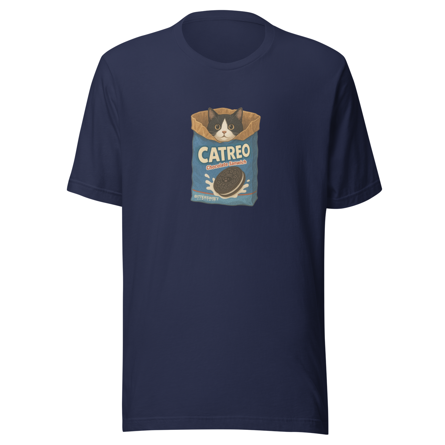 Navy Oreo cat graphic t-shirt – cozy unisex graphic tee by Bittersweet Illustration