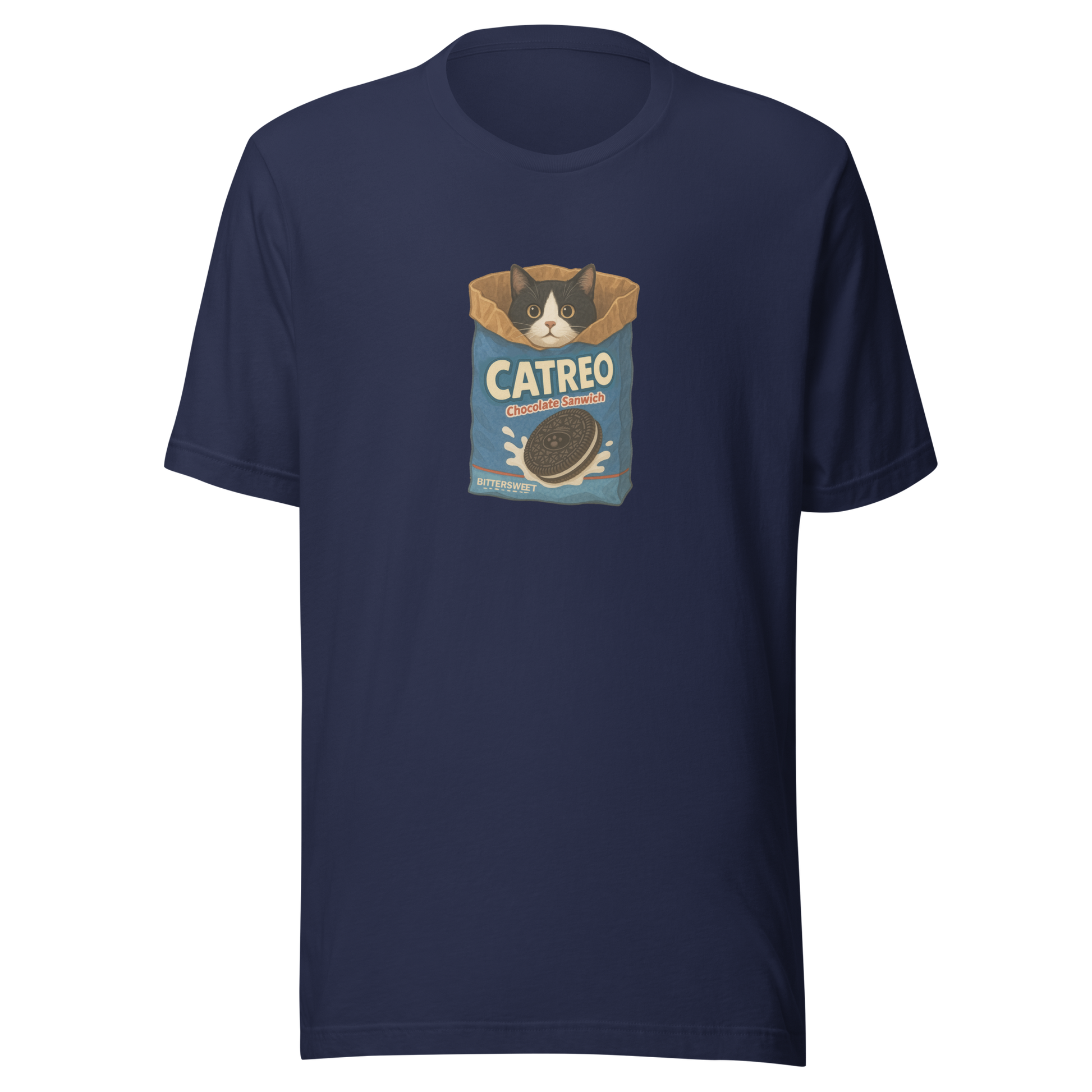 Navy Oreo cat graphic t-shirt – cozy unisex graphic tee by Bittersweet Illustration