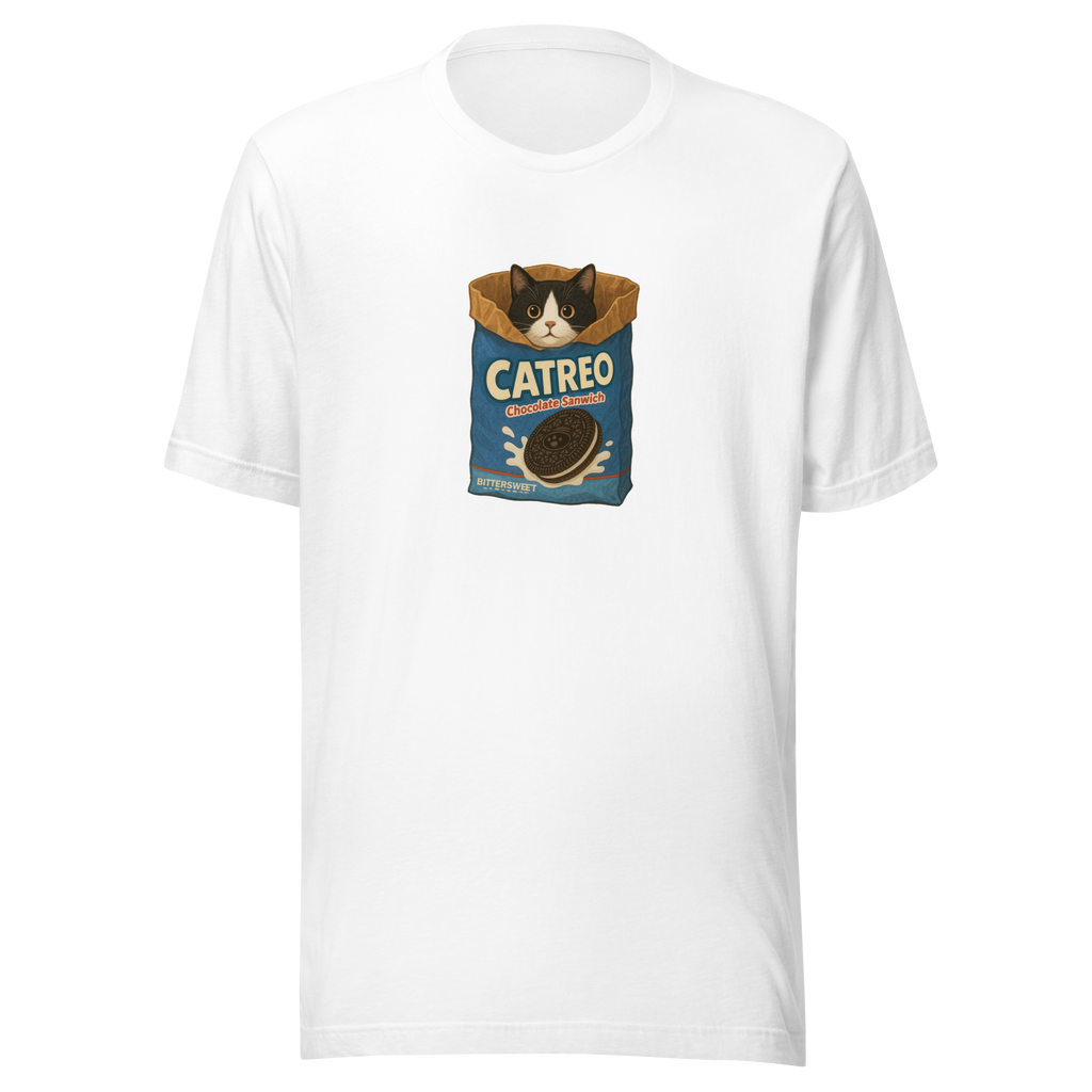 Cute Oreo cat graphic t-shirt in white – unisex heavy cotton tee by Bittersweet Illustration