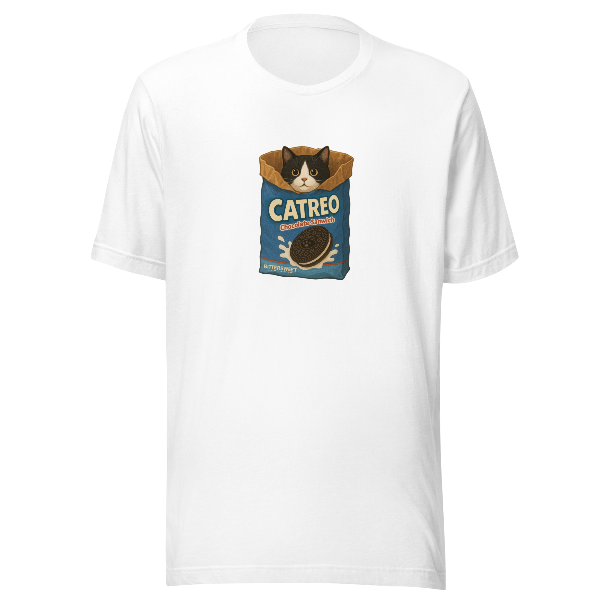 Cute Oreo cat graphic t-shirt in white – unisex heavy cotton tee by Bittersweet Illustration
