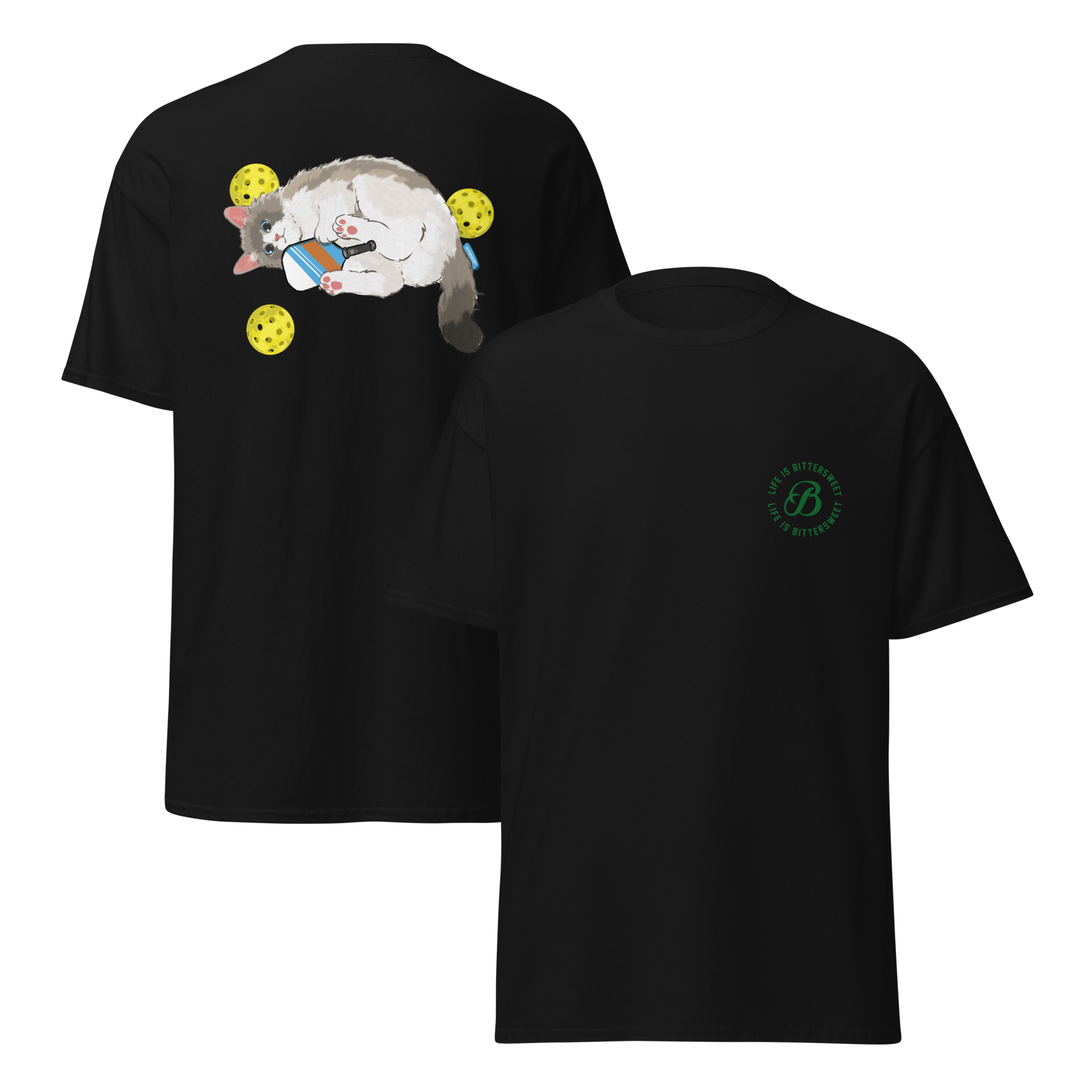 Black pickleball graphic tee front and back displayed, premium cotton cat sports tee