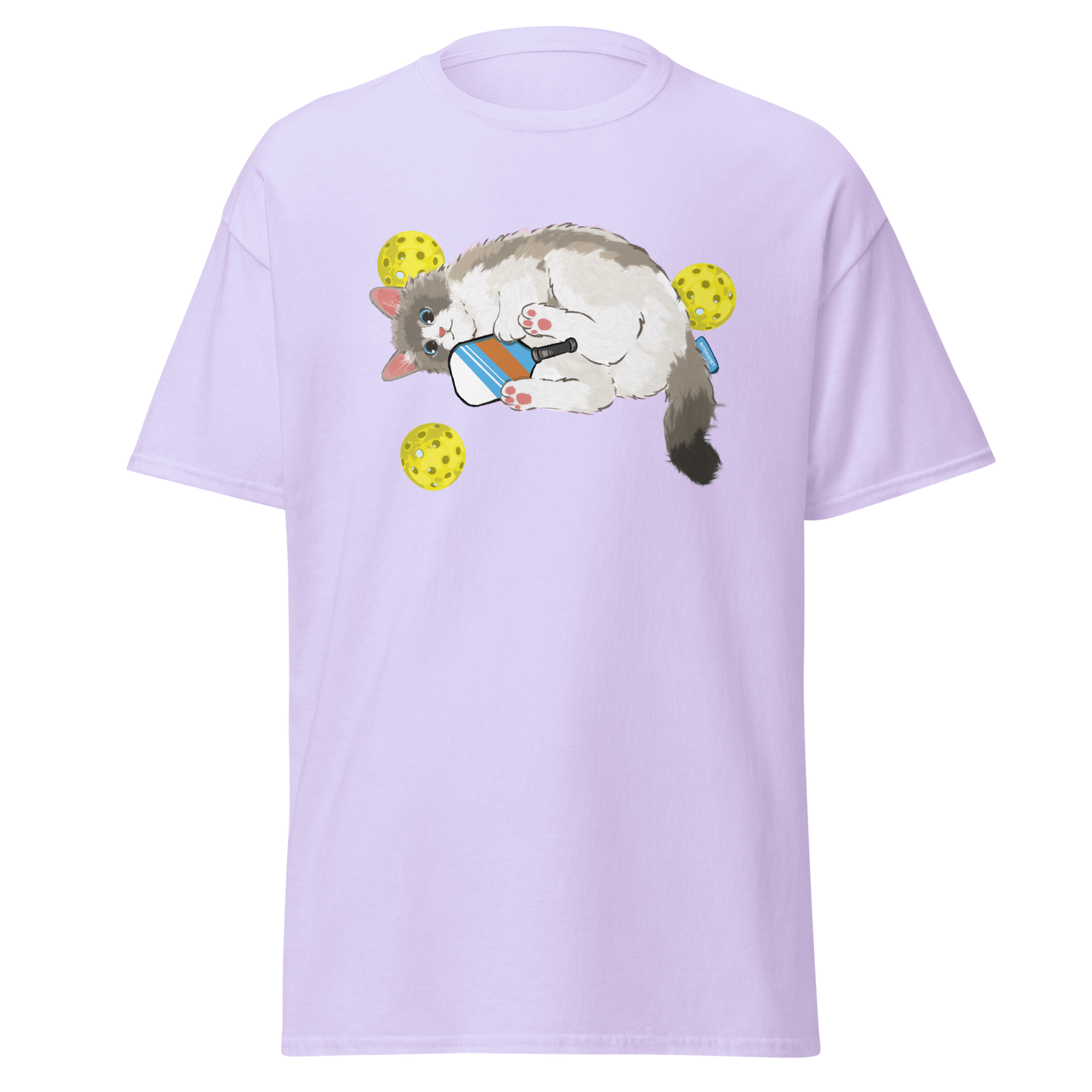 Light blue pickleball cat tee, cool comfort-fit t-shirt with cat graphic printed design