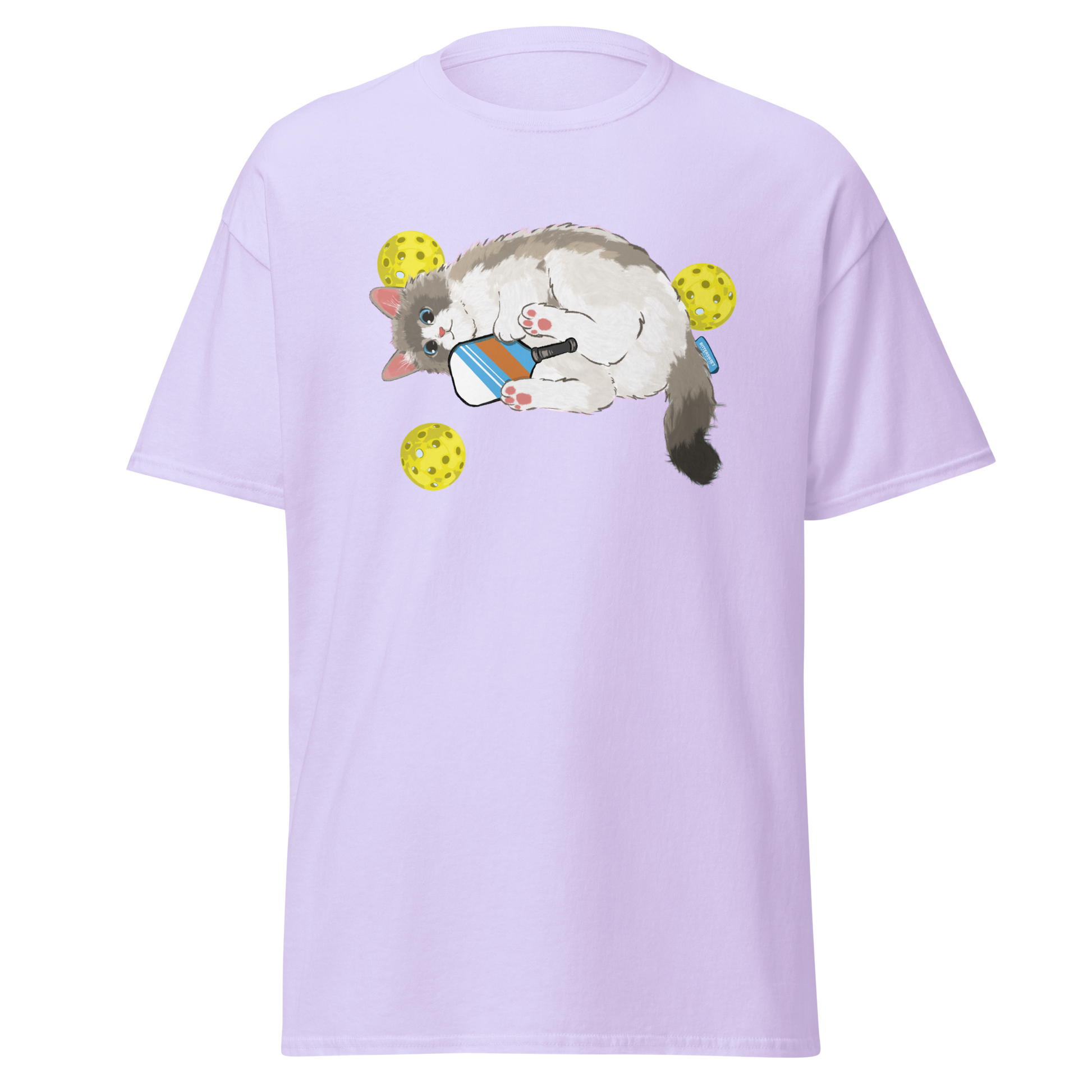 Light blue pickleball cat tee, cool comfort-fit t-shirt with cat graphic printed design