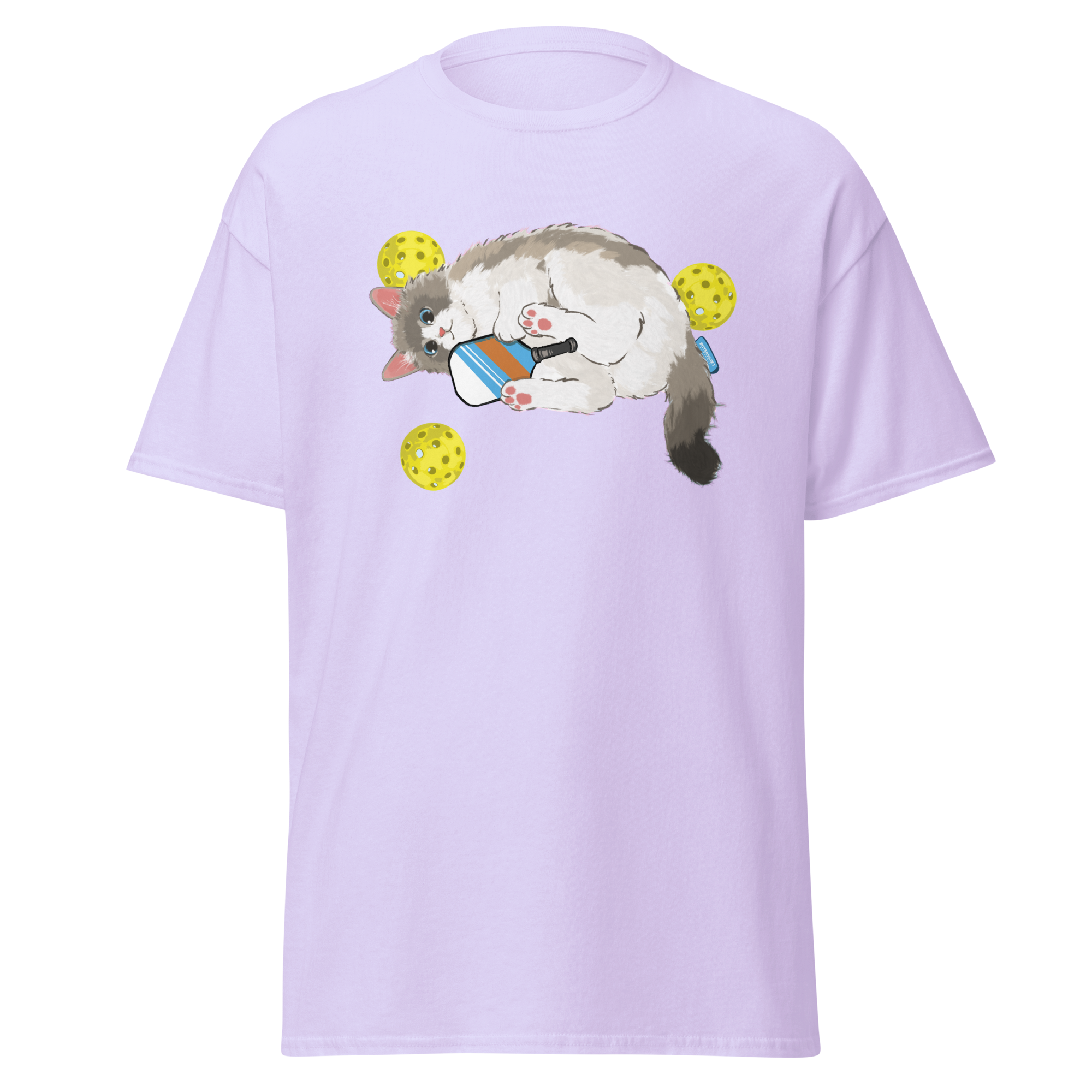 Light blue pickleball cat tee, cool comfort-fit t-shirt with cat graphic printed design