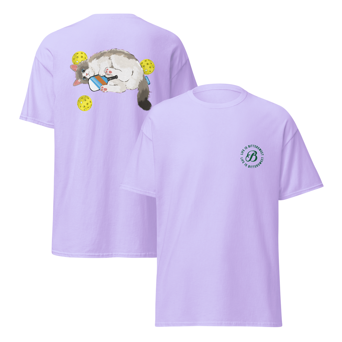 purple front and back view pickleball cat tee, unisex heavy cotton t-shirt with playful cat graphic