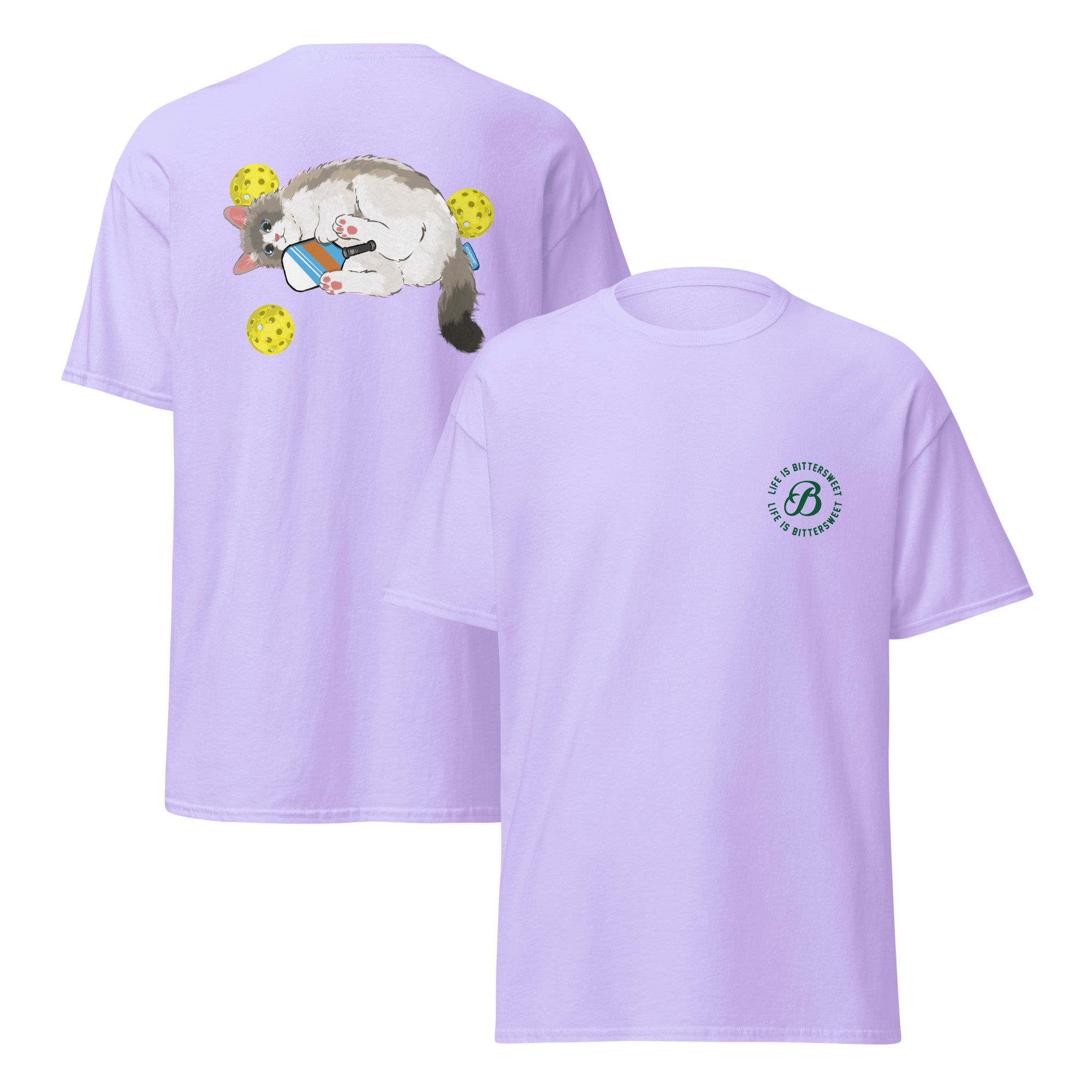 purple front and back view pickleball cat tee, unisex heavy cotton t-shirt with playful cat graphic