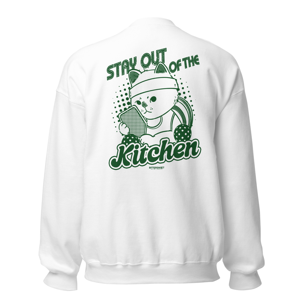 Front view of Pickleball Cat Sweatshirt – funny cat graphic printed pullover by Bittersweet Illustration