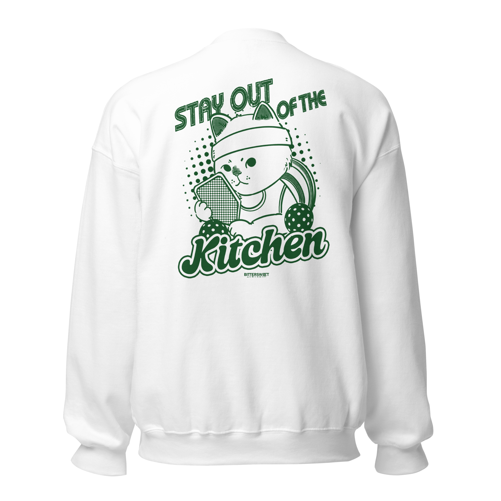 Front view of Pickleball Cat Sweatshirt – funny cat graphic printed pullover by Bittersweet Illustration