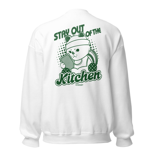 Front view of Pickleball Cat Sweatshirt – funny cat graphic printed pullover by Bittersweet Illustration