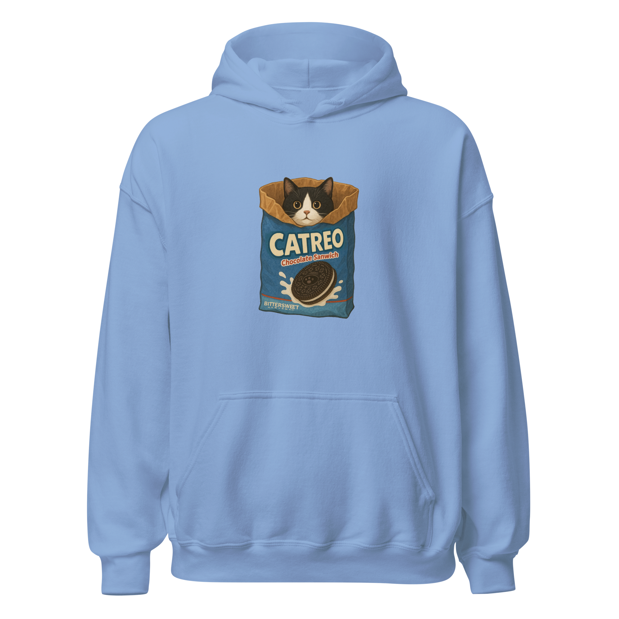 Dusty blue Oreo cat printed hoodie – cozy unisex graphic hoodie by Bittersweet Illustration