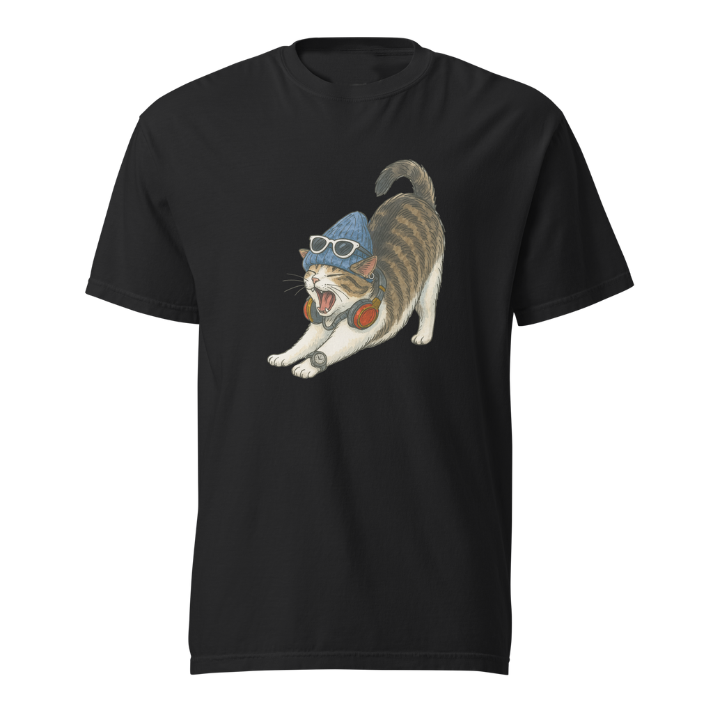 Black funny cat graphic t-shirt by Bittersweet Illustration – roaring cat meme print streetwear tee