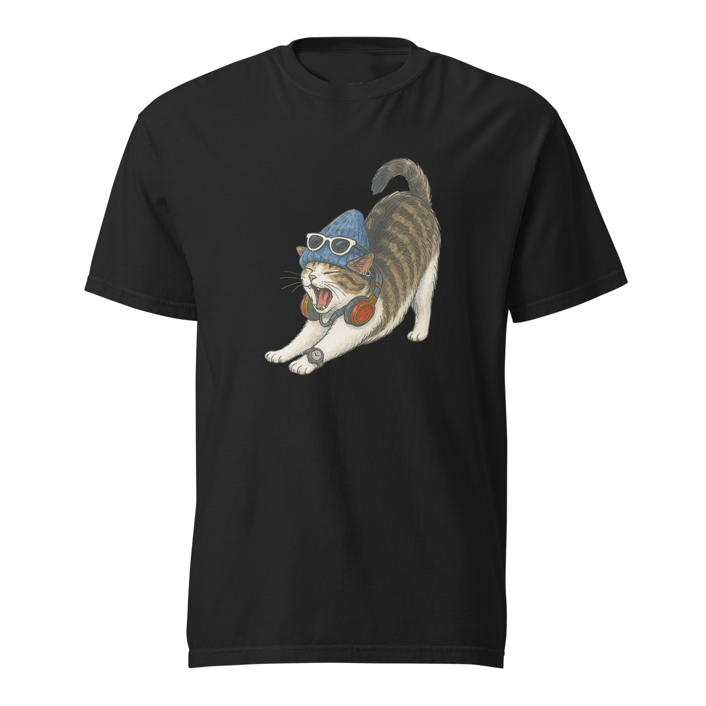 Black funny cat graphic t-shirt by Bittersweet Illustration – roaring cat meme print streetwear tee