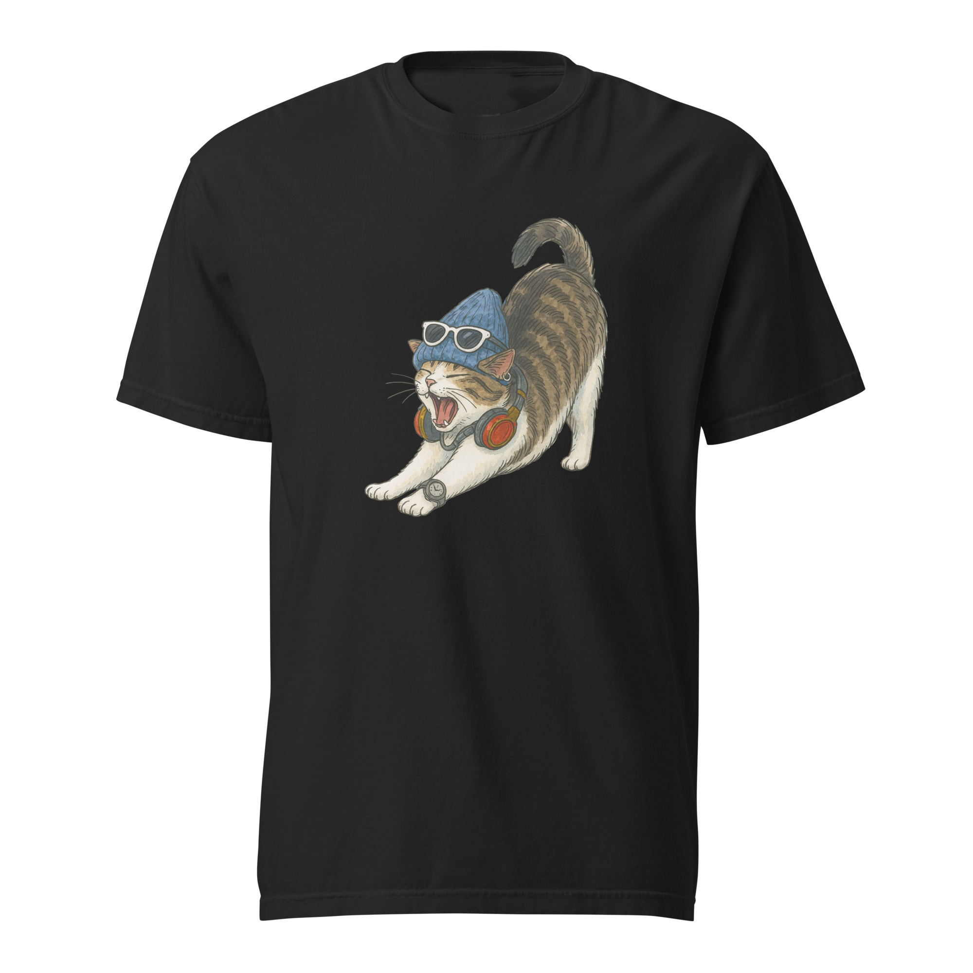 Black funny cat graphic t-shirt by Bittersweet Illustration – roaring cat meme print streetwear tee