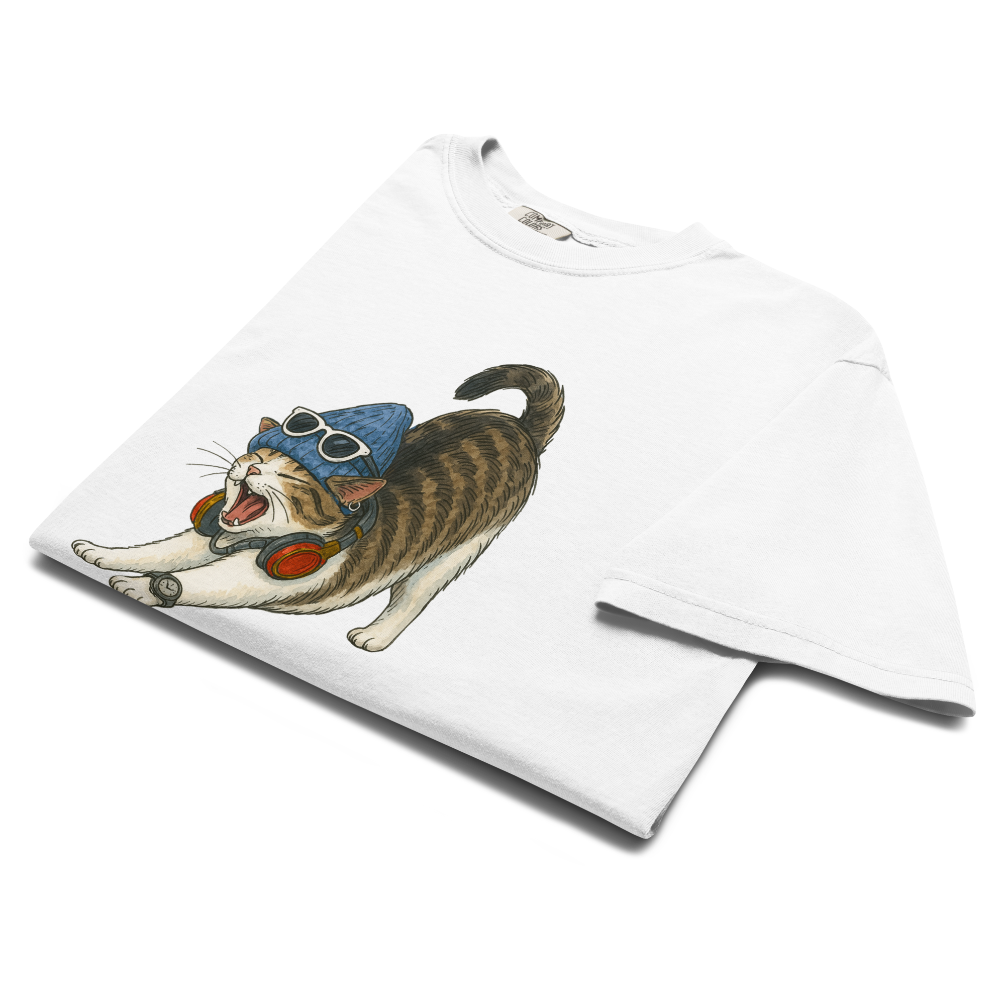 Front view of white roaring cat streetwear tee – funny unisex heavy cotton t-shirt by Bittersweet Illustration