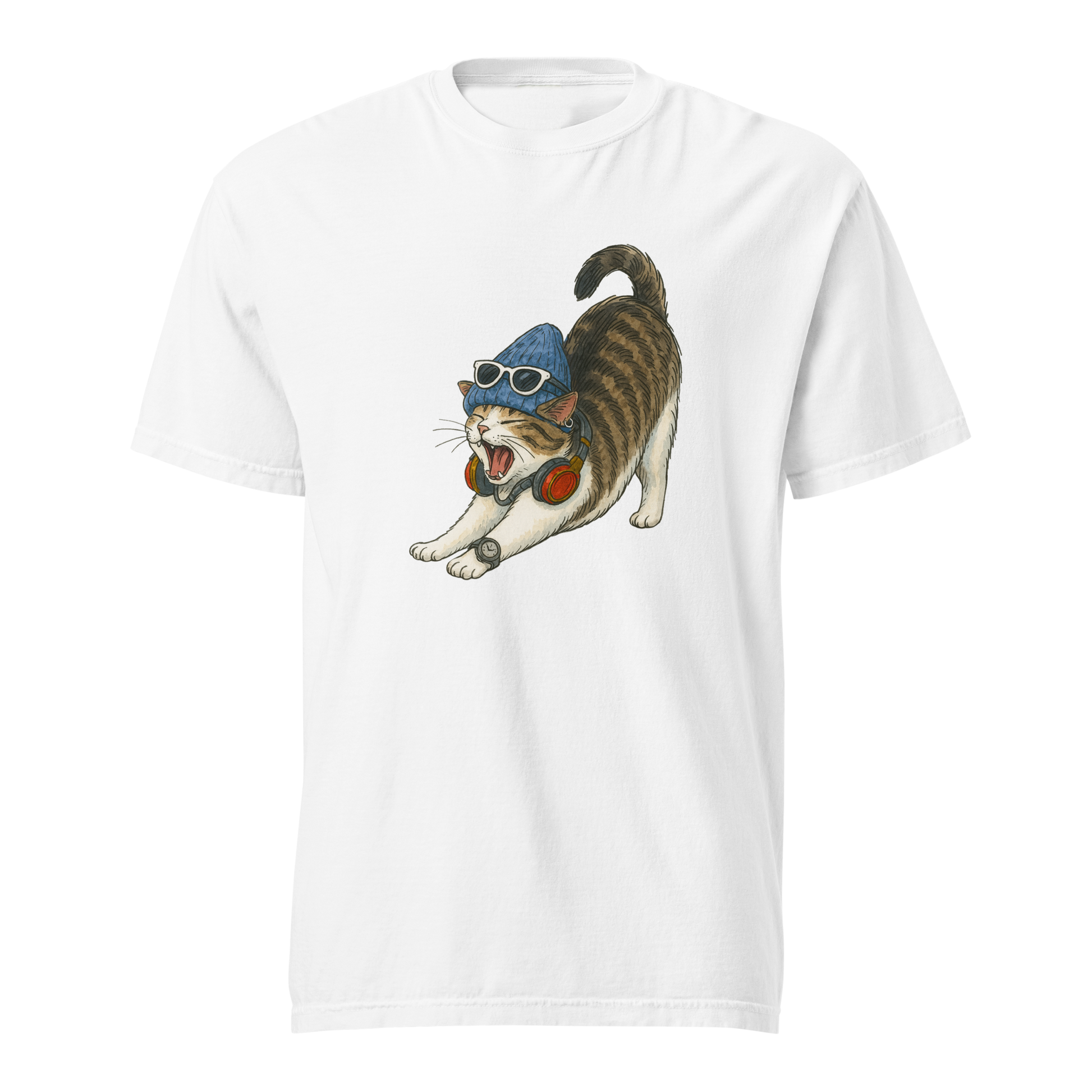 Roaring cat meme graphic printed t-shirt laid flat – funny cat streetwear t-shirt by Bittersweet Illustration