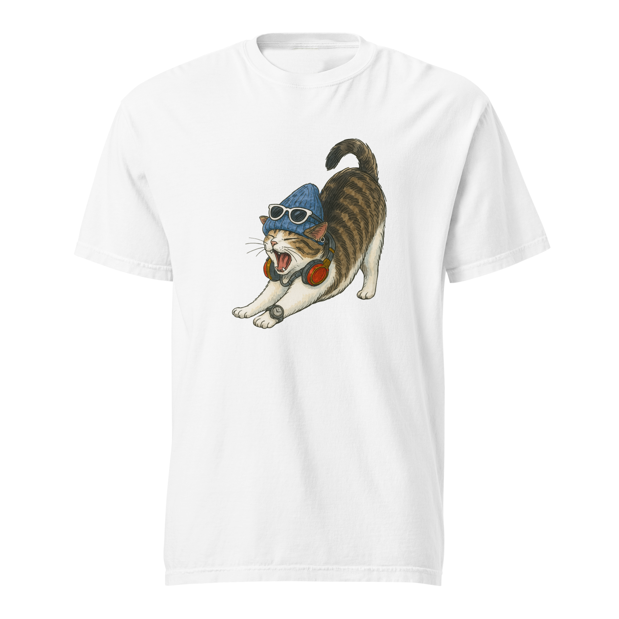 Unisex white heavy cotton t-shirt with roaring cat meme print – streetwear graphic tee by Bittersweet Illustration
