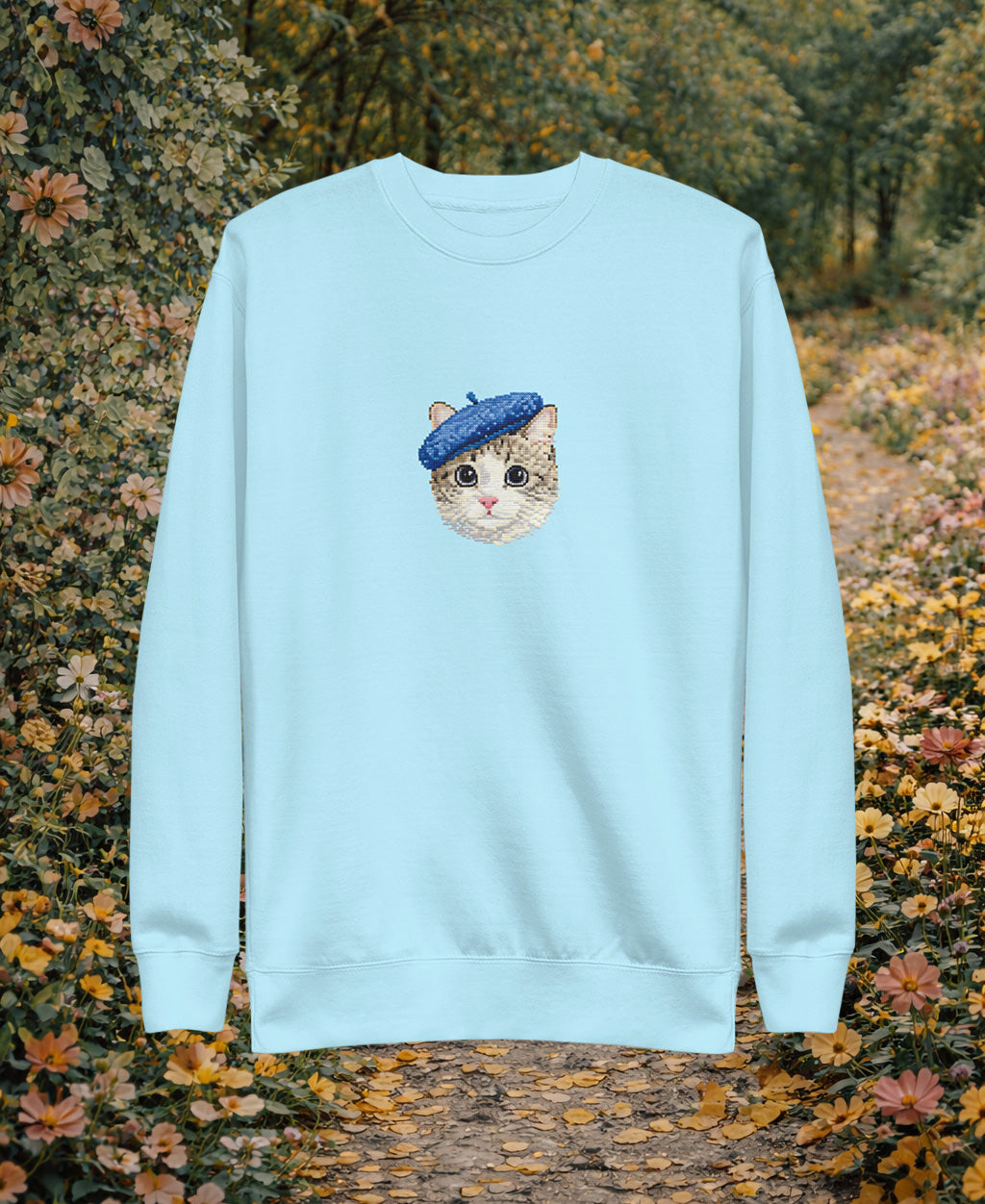 French Beret Cat Graphic Sweatshirt – Cozy Baby Blue Art Tee | Heavy Cotton Comfort