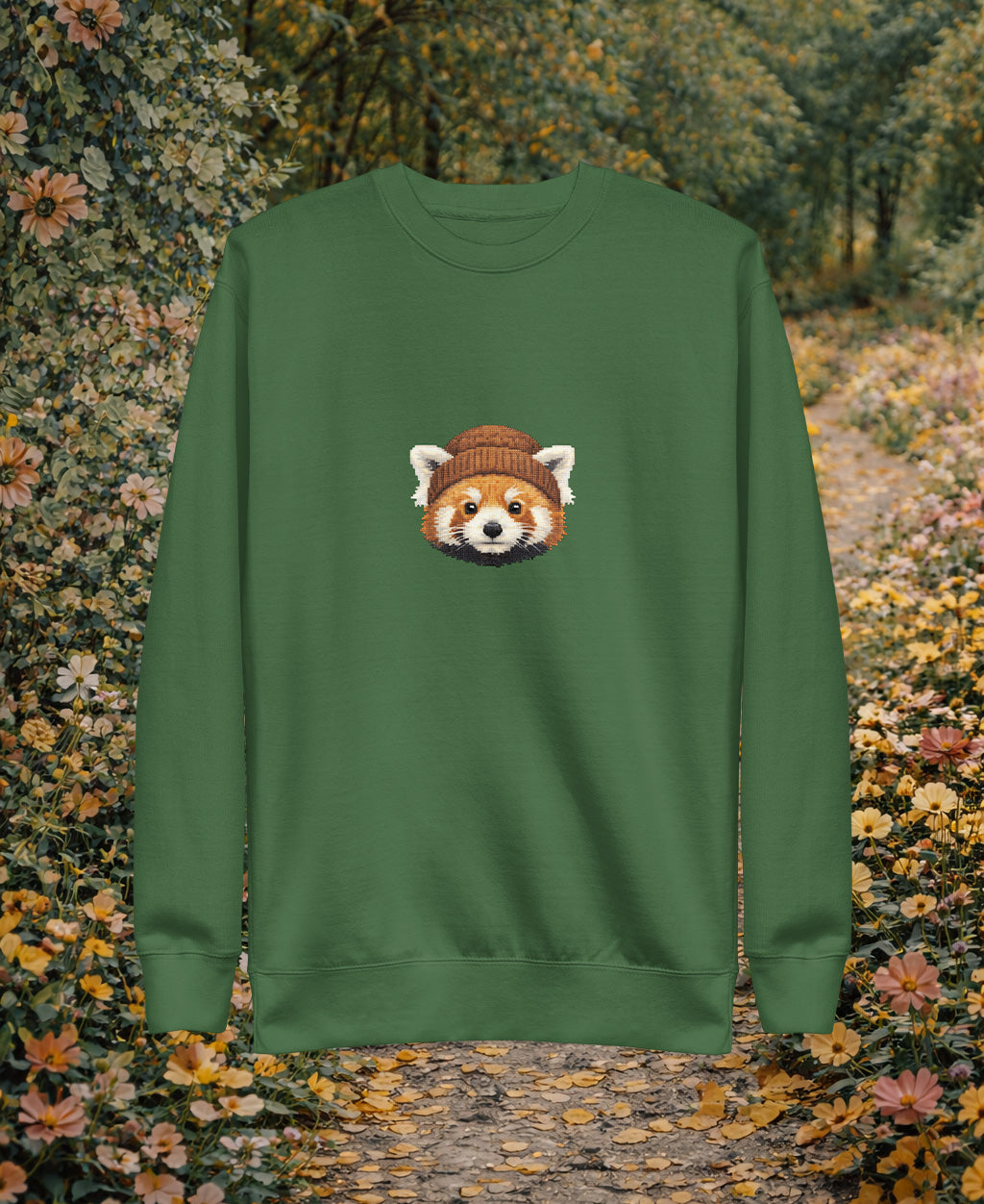 Red Panda Graphic Sweatshirt – Forest Green Cozy Art Tee | Heavy Cotton Comfort