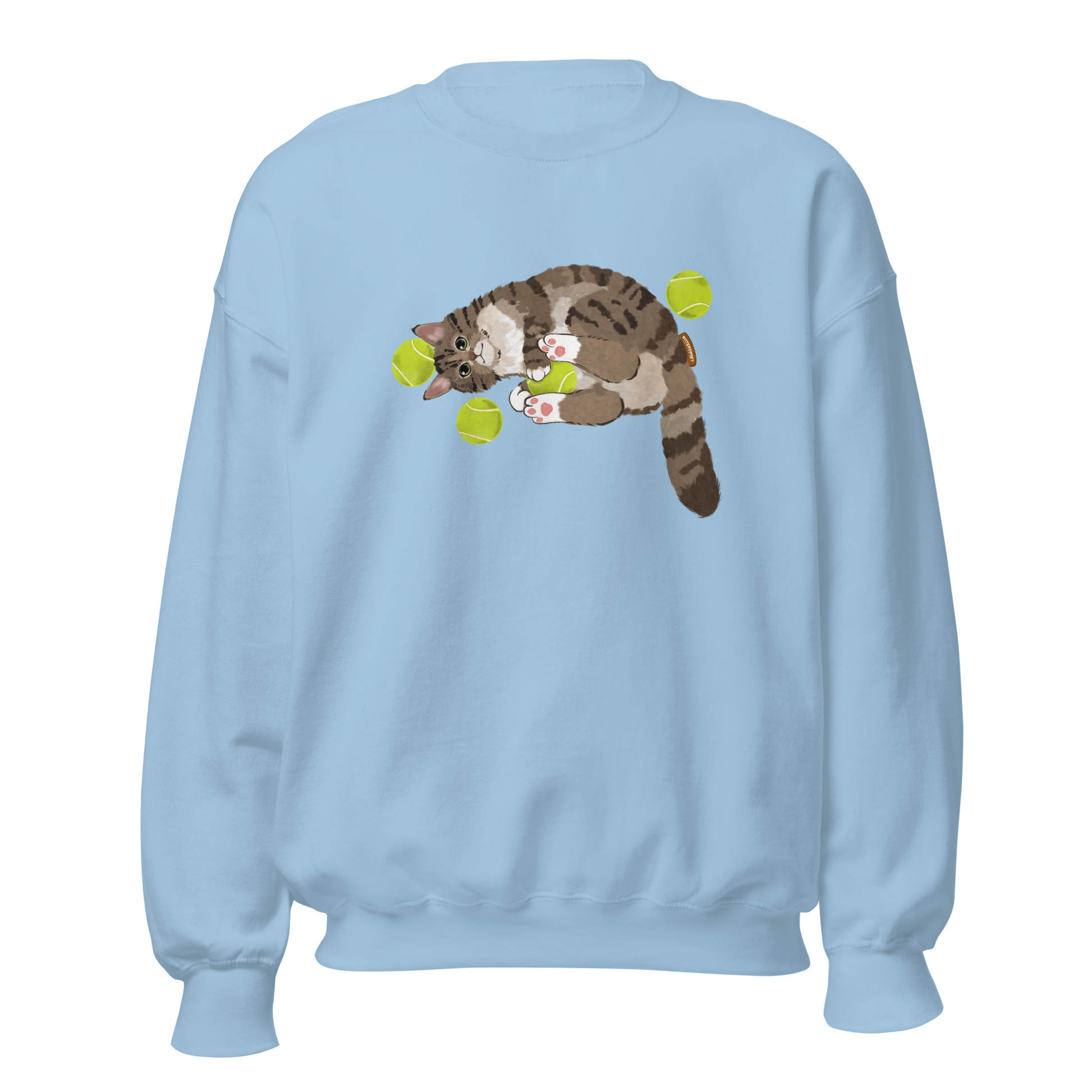 Baby blue sweatshirt with tennis cat graphic front view