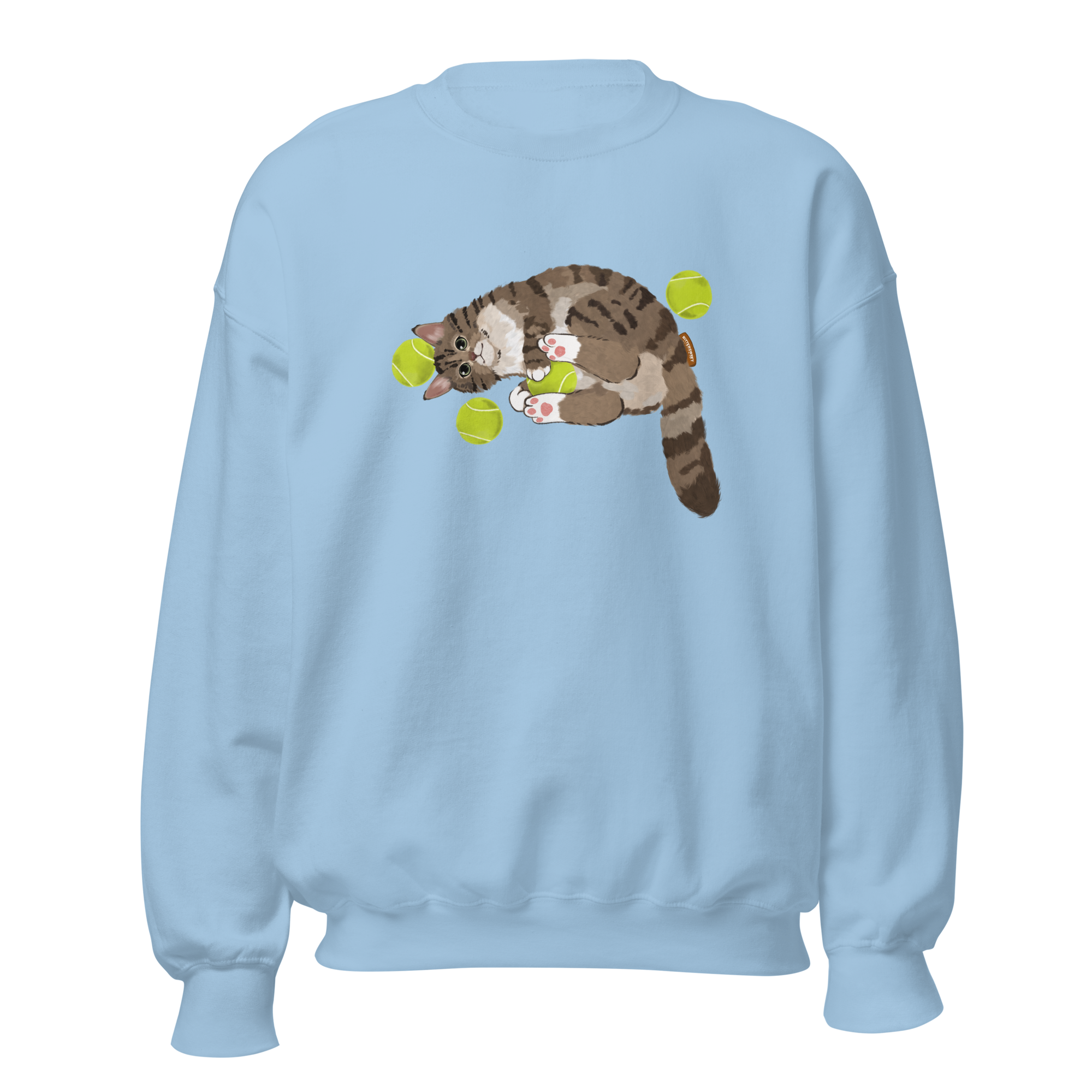 Baby blue sweatshirt with tennis cat graphic front view