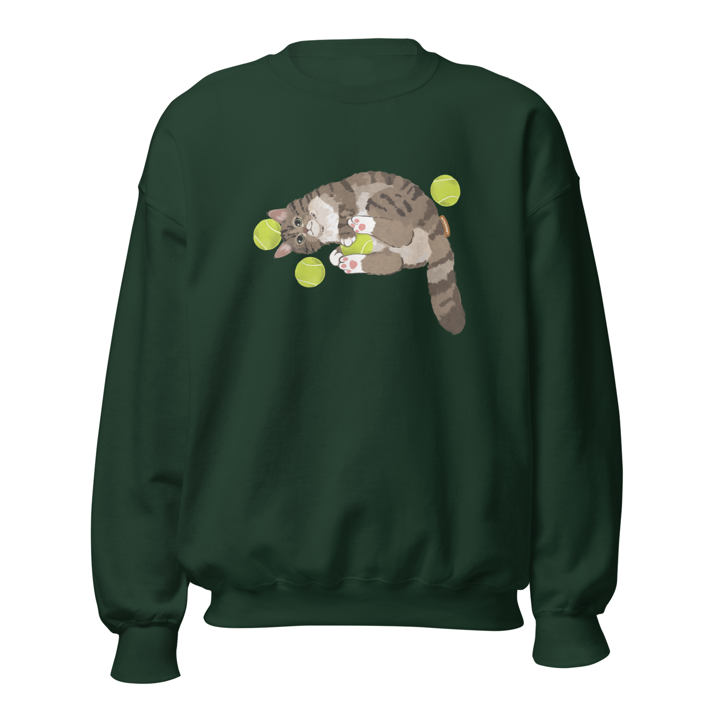Forest green sweatshirt with tennis cat graphic front view