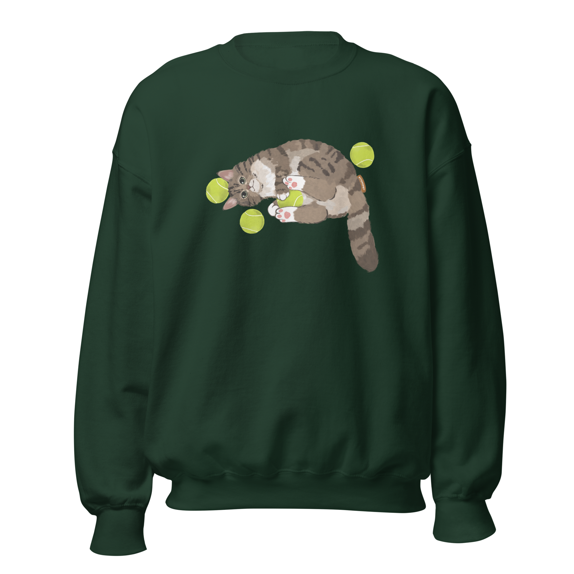 Forest green sweatshirt with tennis cat graphic front view