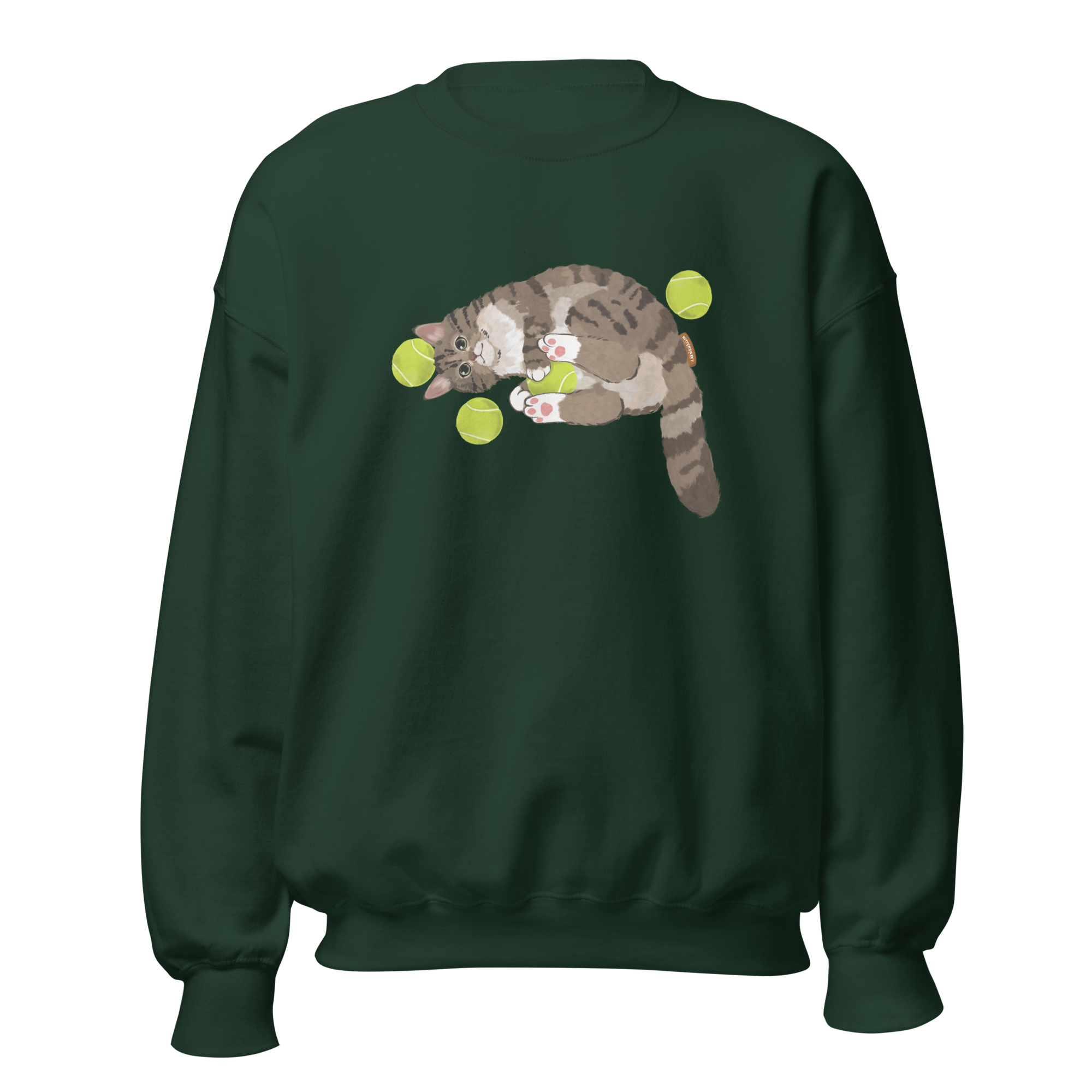 Forest green sweatshirt with tennis cat graphic front view