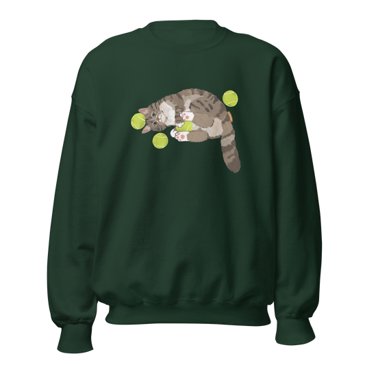 Forest green sweatshirt with tennis cat graphic front view