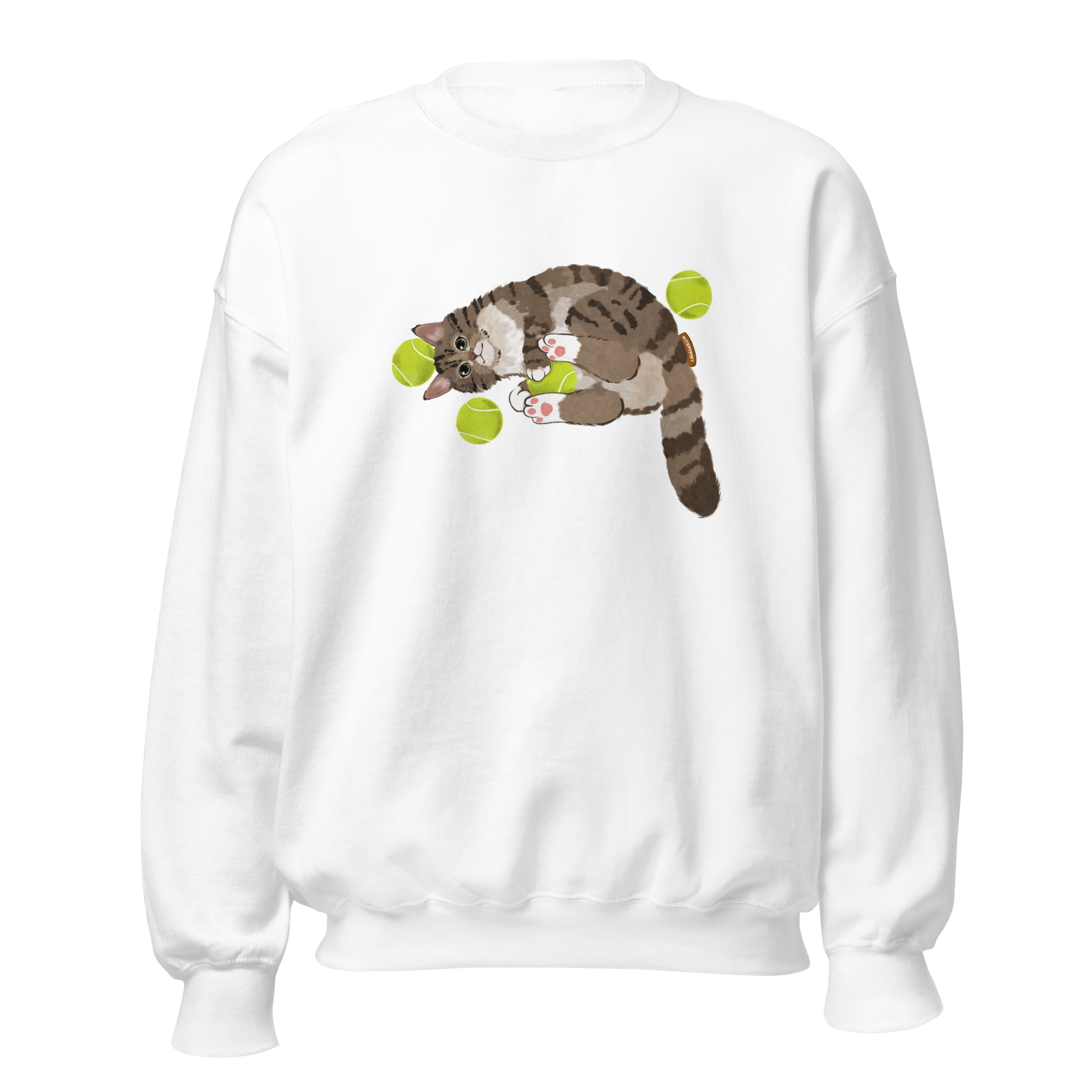 White sweatshirt with tennis cat graphic front view
