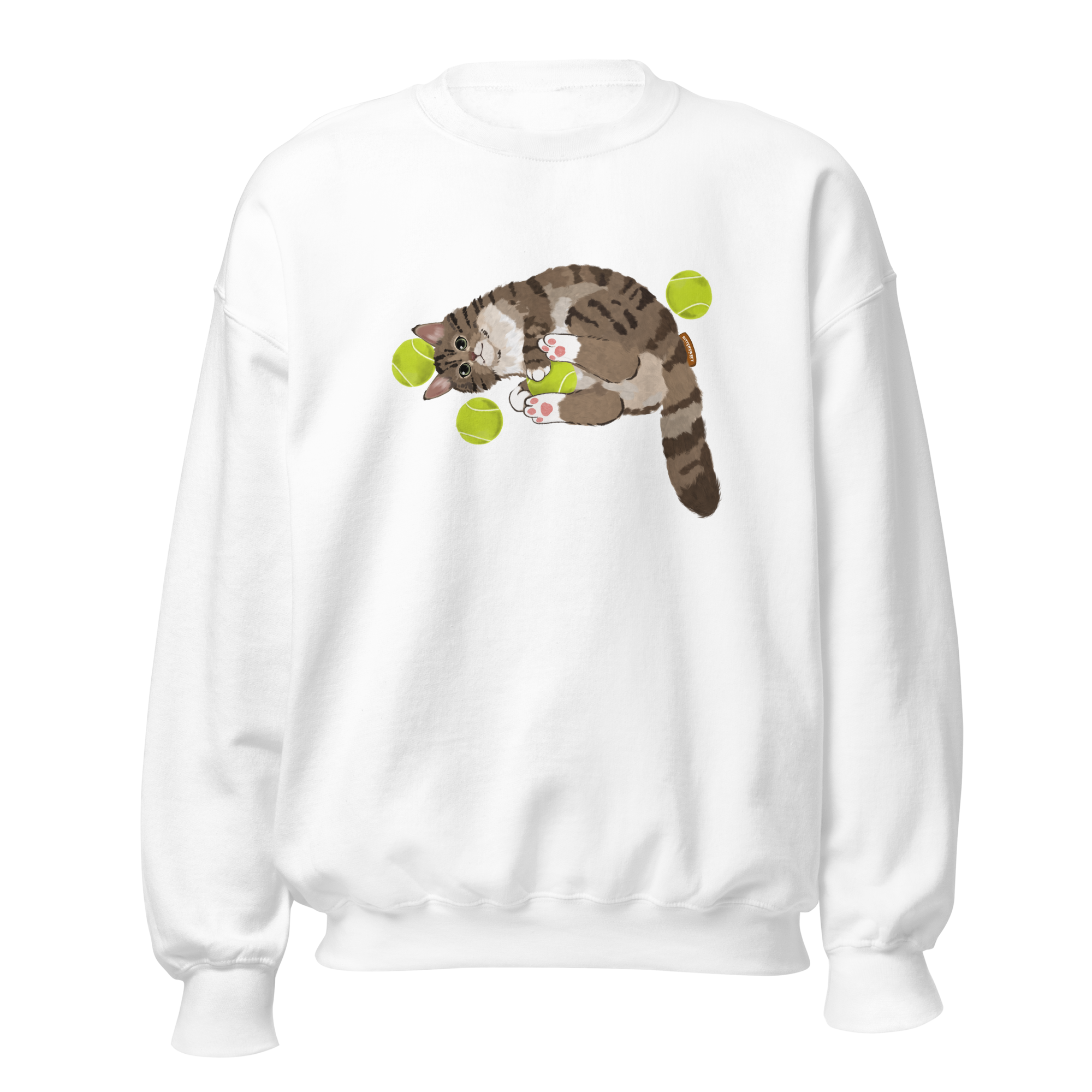 White sweatshirt with tennis cat graphic front view
