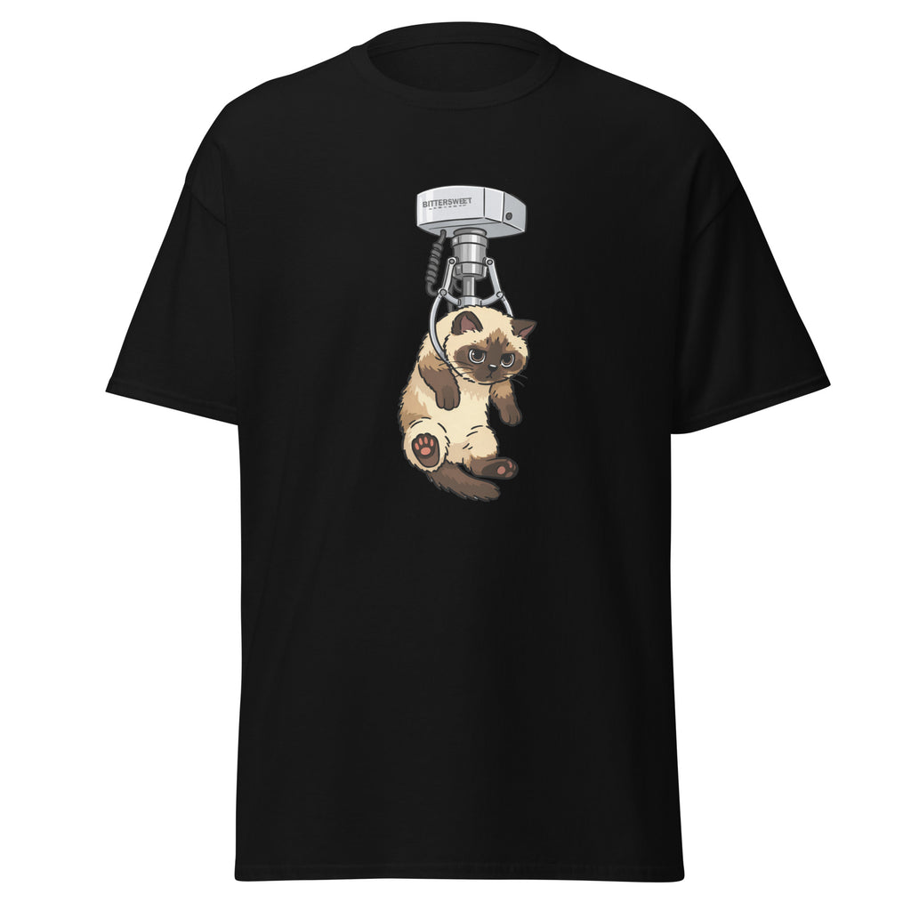 Black t-shirt with a cat graphic and MRI machine on a white background