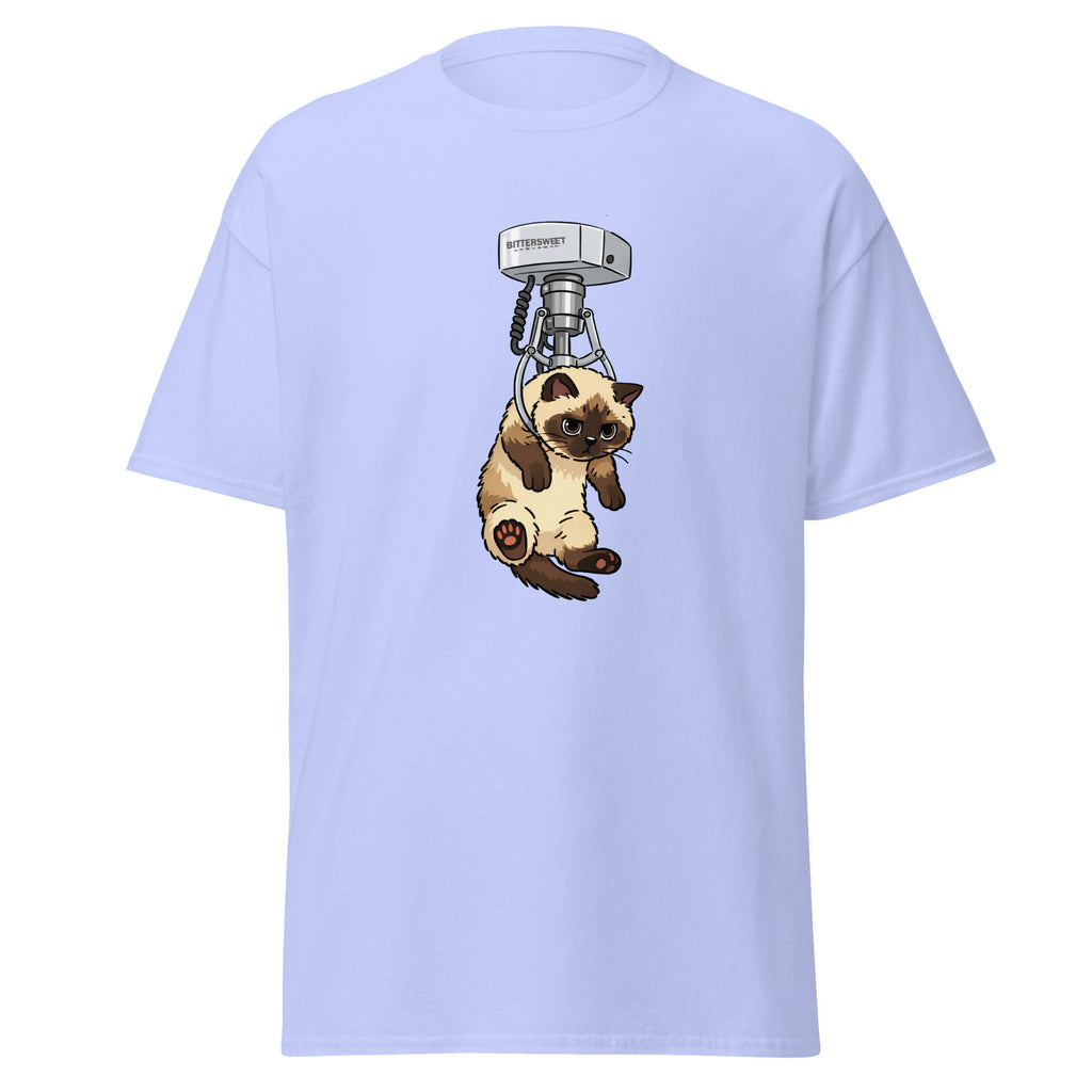 Light purple t-shirt with a cat graphic and claw machine on a white background