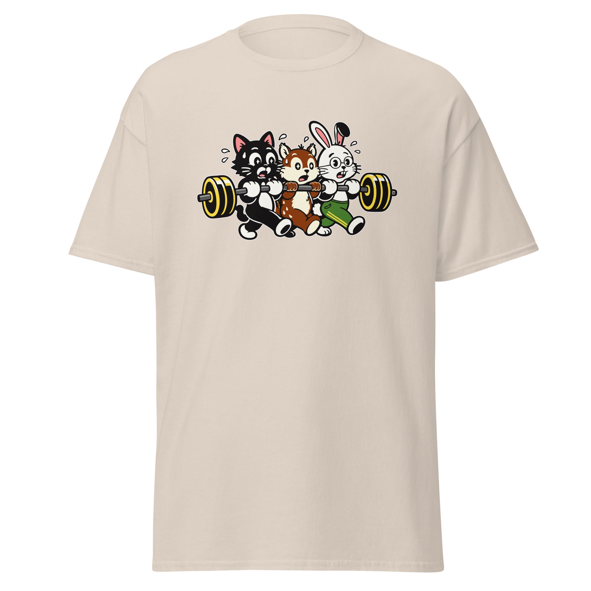 Gym Squad Animal Tee – Funny Weightlifting Cat, Bunny & Chipmunk T-Shirt
