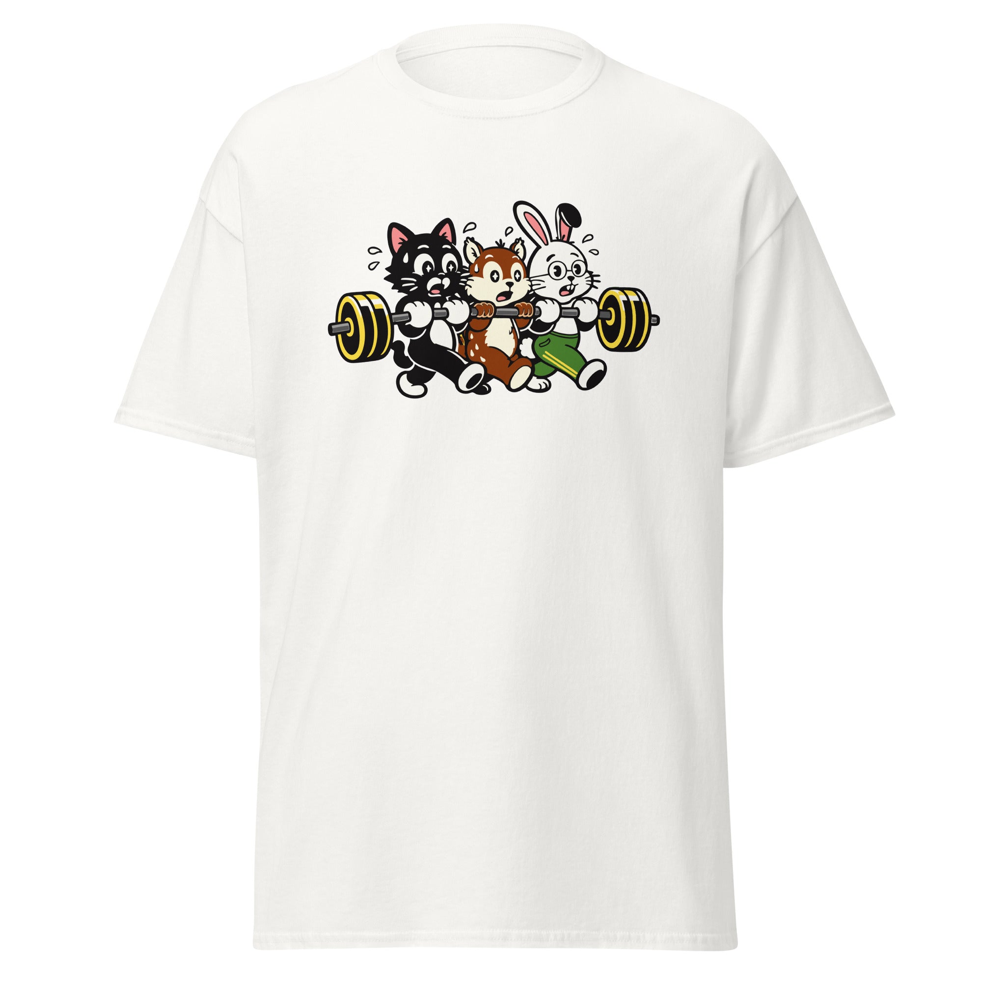 Gym Squad Animal Tee – Funny Weightlifting Cat, Bunny & Chipmunk T-Shirt