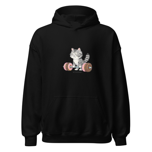 Black hoodie with a cat lifting weights design on a white background