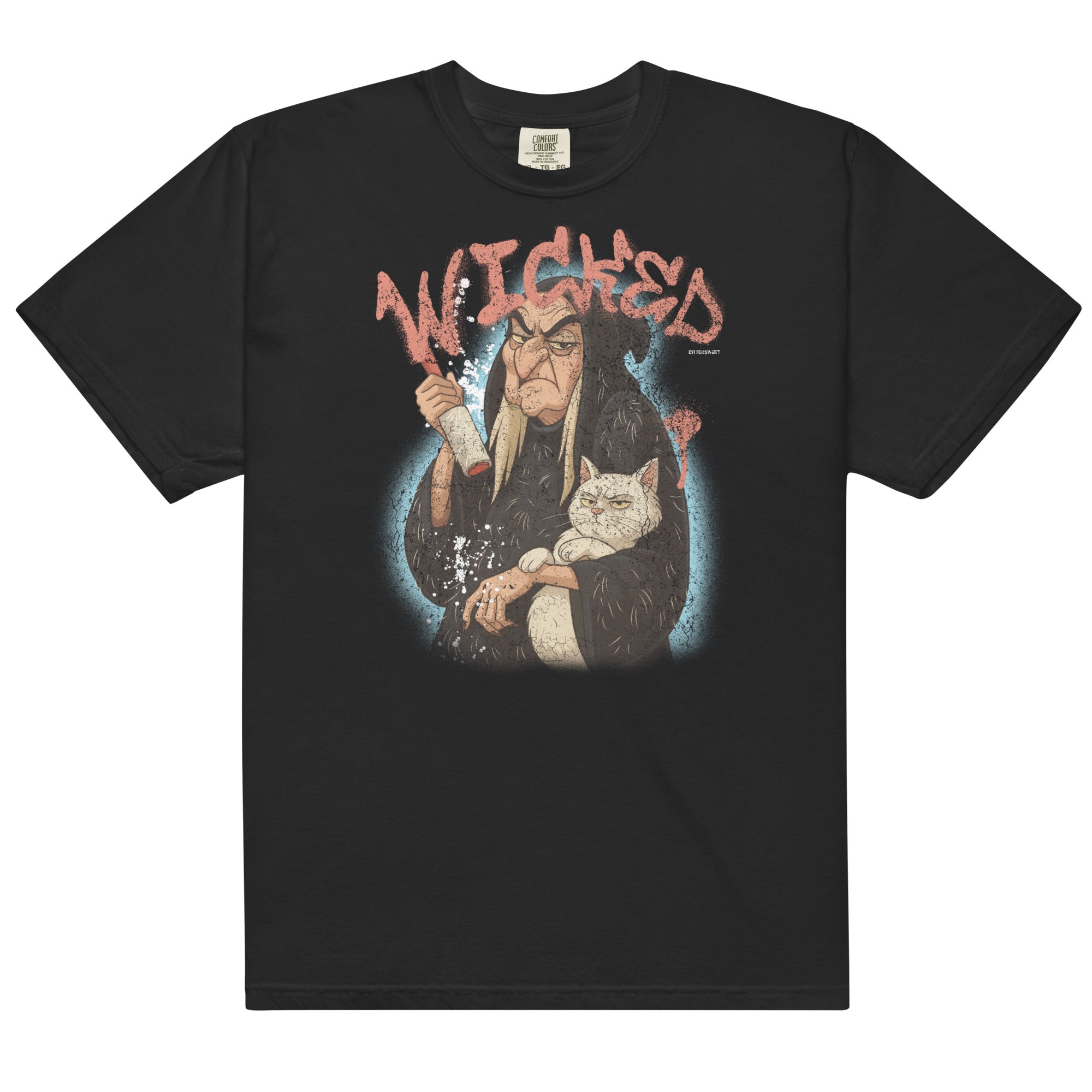 A black short-sleeve graphic t-shirt featuring a halloween illustration of a witch holding a cat under the word 'Wicked' in distressed pink lettering, shown against a plain white background.